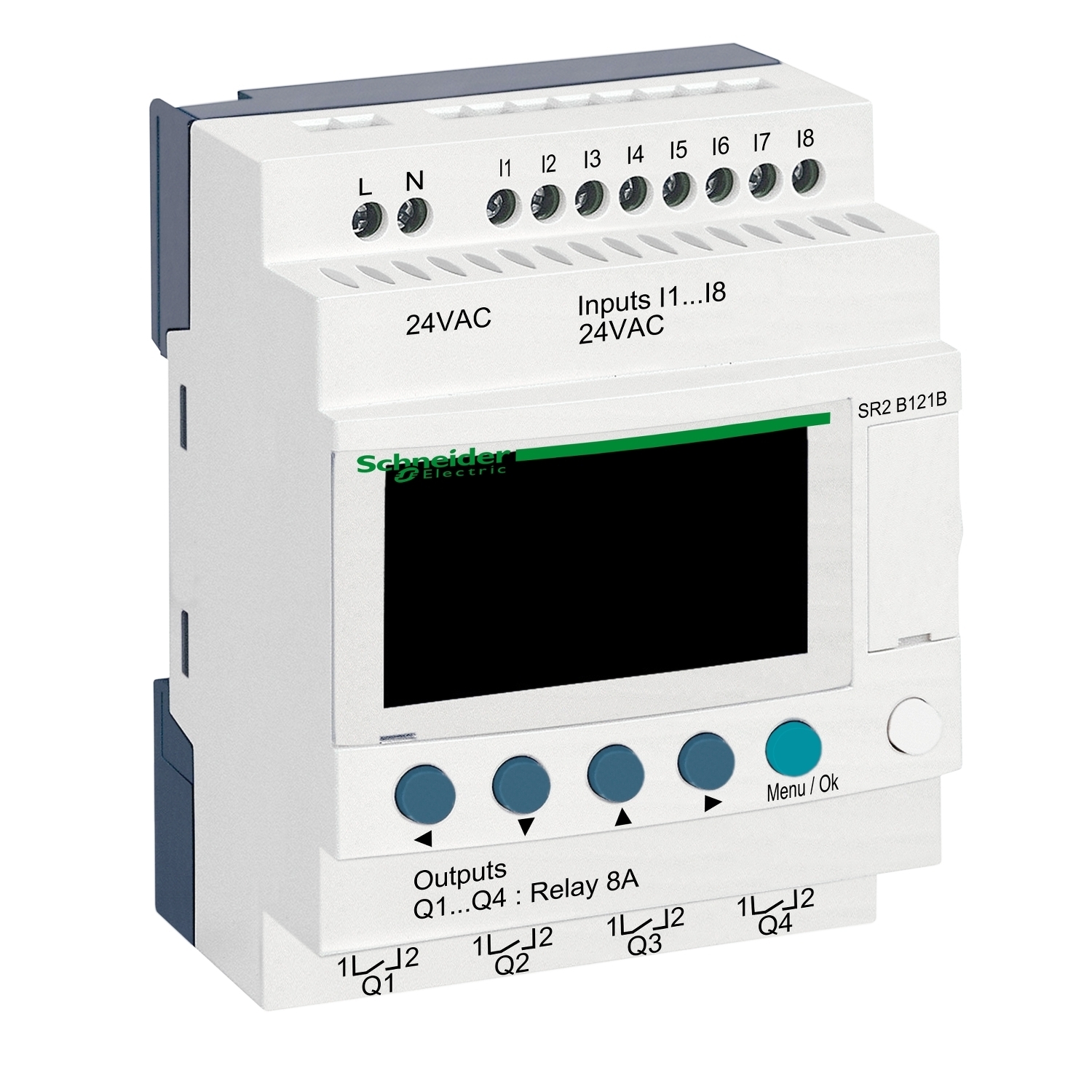compact smart relay, Zelio Logic SR2 SR3, 12 IO, 24V AC, clock, display
