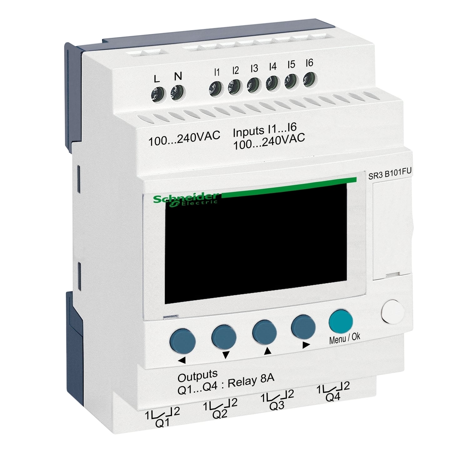 modular smart relay, Zelio Logic SR2 SR3, 10 IO, 100 to 240V AC, clock, display