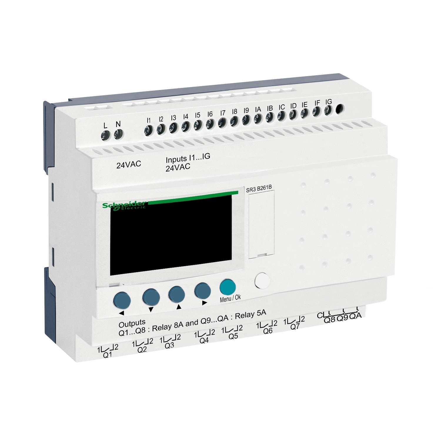 modular smart relay, Zelio Logic SR2 SR3, 24 IO, 24V AC, clock, display