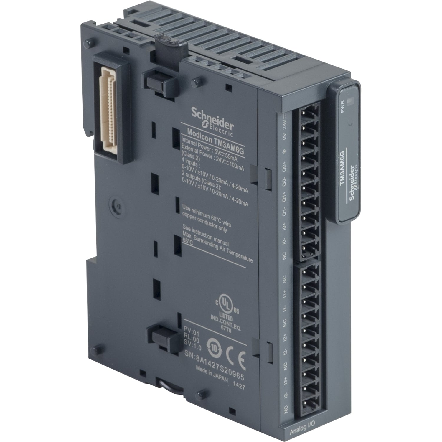 IO analog module, Modicon TM3, 4 inputs, 2 output, spring, 24V DC