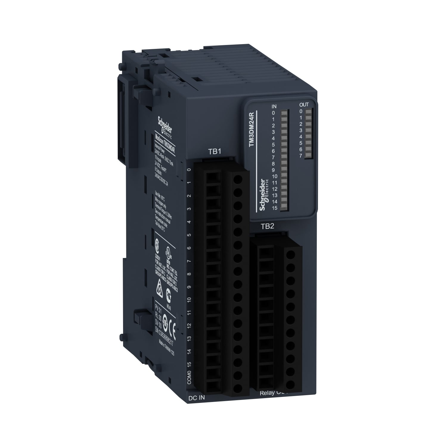 discrete IO module, Modicon TM3, 24 IO, 16 inputs, 8 relay outputs, screw, 24V DC