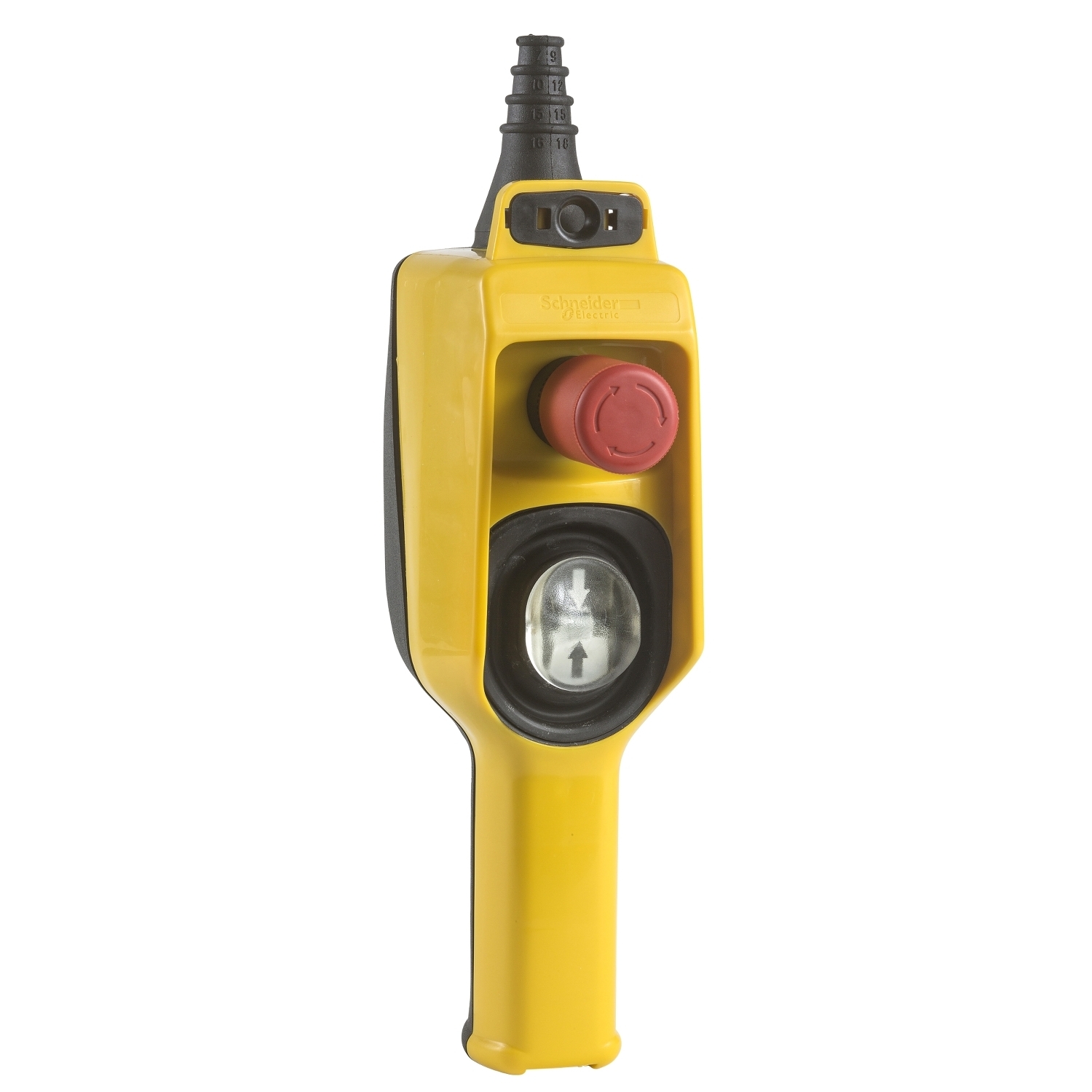 Pendant control station, Harmony XAC, plastic, yellow, 1 2 directional push button, 1 emergency stop