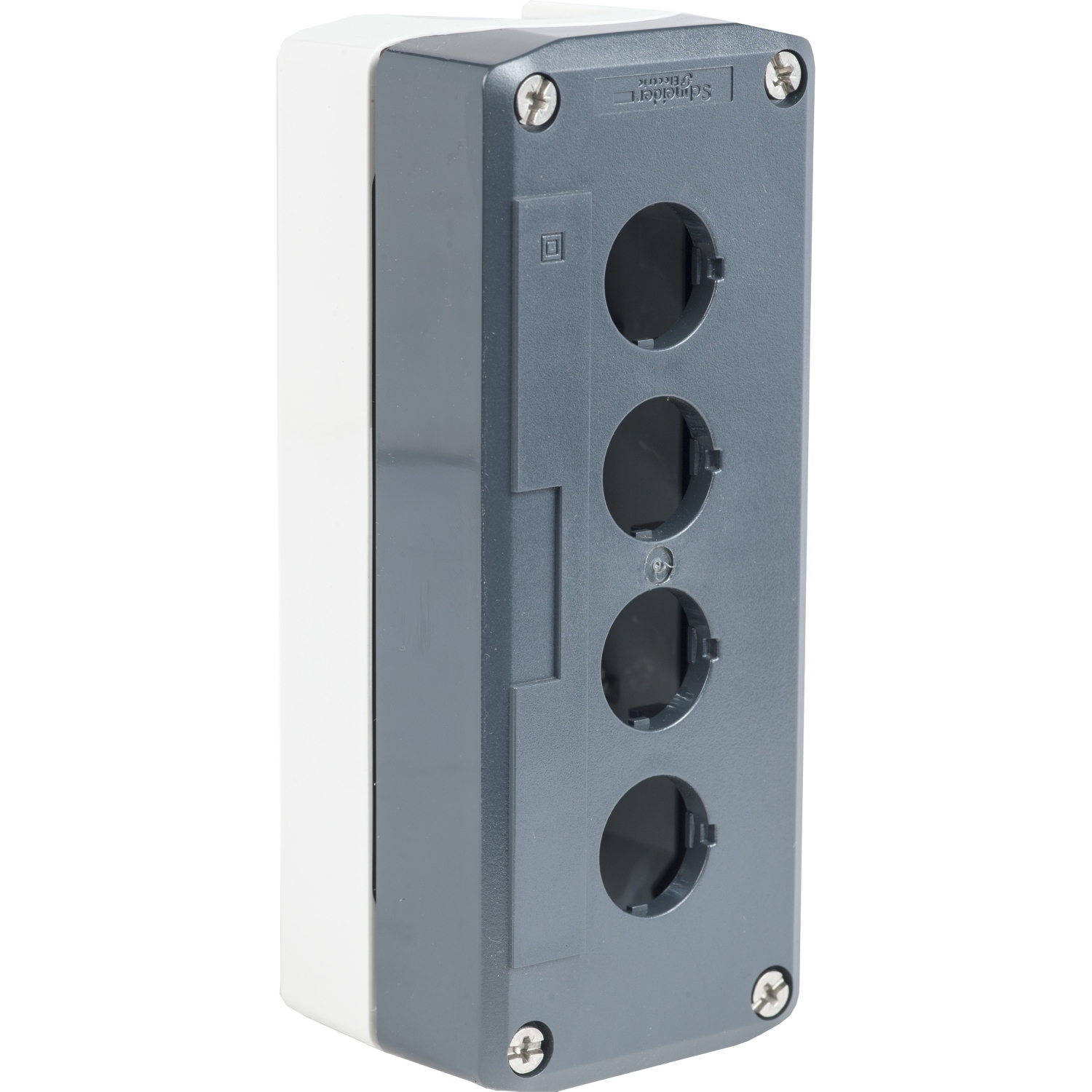 Empty control station, Harmony XALD, XALK, plastic, dark grey lid, light grey base, 4 cut out, UL CSA certified