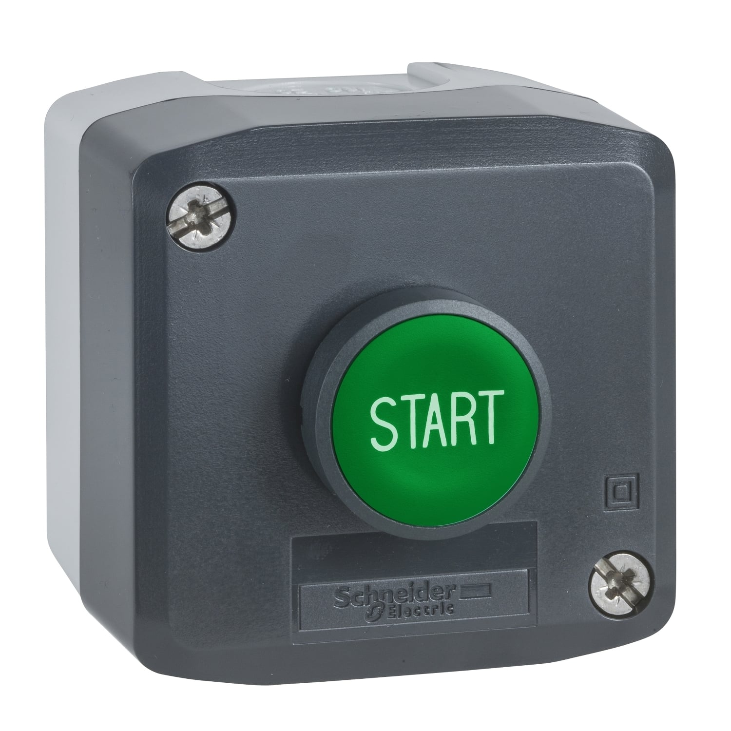 Control station, Harmony XALD, XALK, plastic, dark grey, 1 green flush push button marked START, 22mm, spring return, 1 NO, UL CSA certified