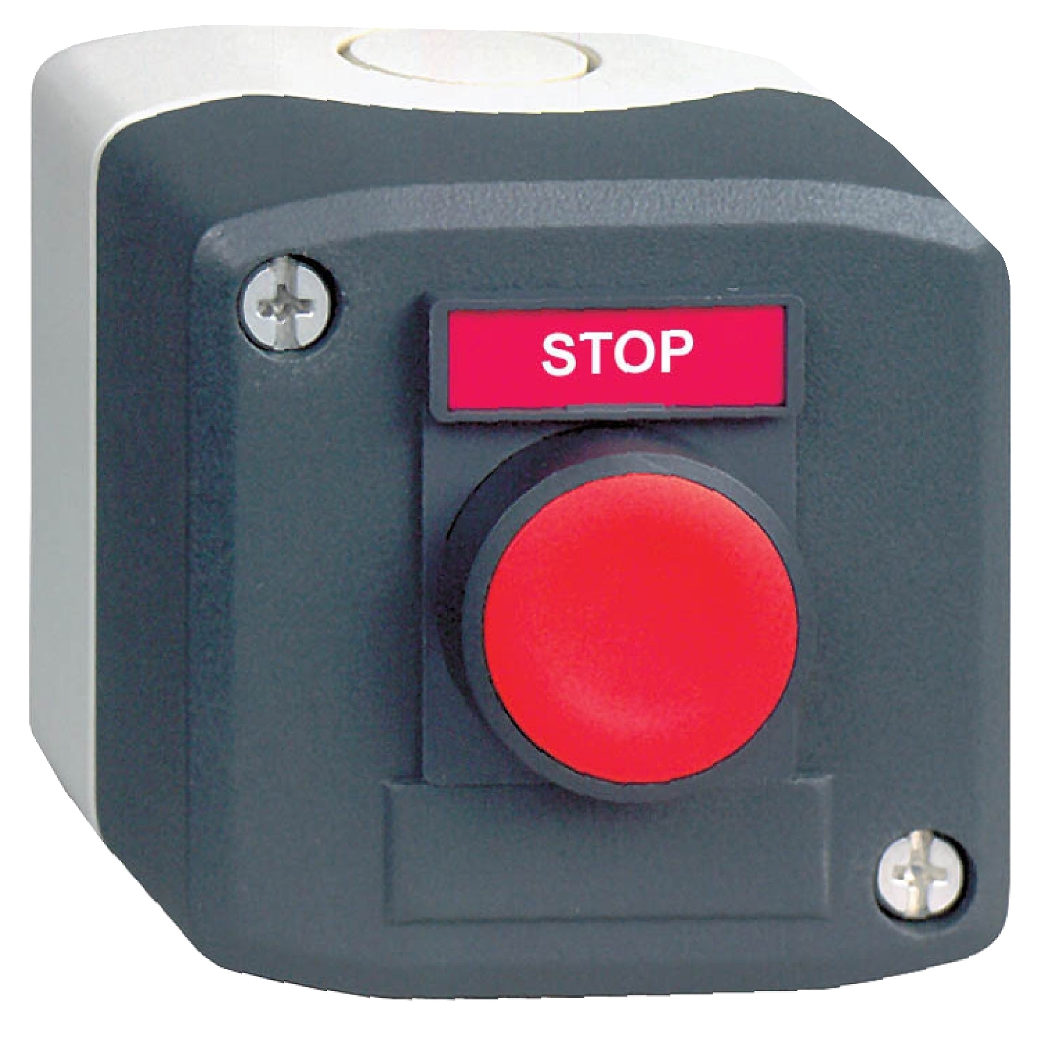 Complete control station, Harmony XALD, dark grey, 1 red flush pushbutton, 22mm, spring return, 1NO, marked STOP