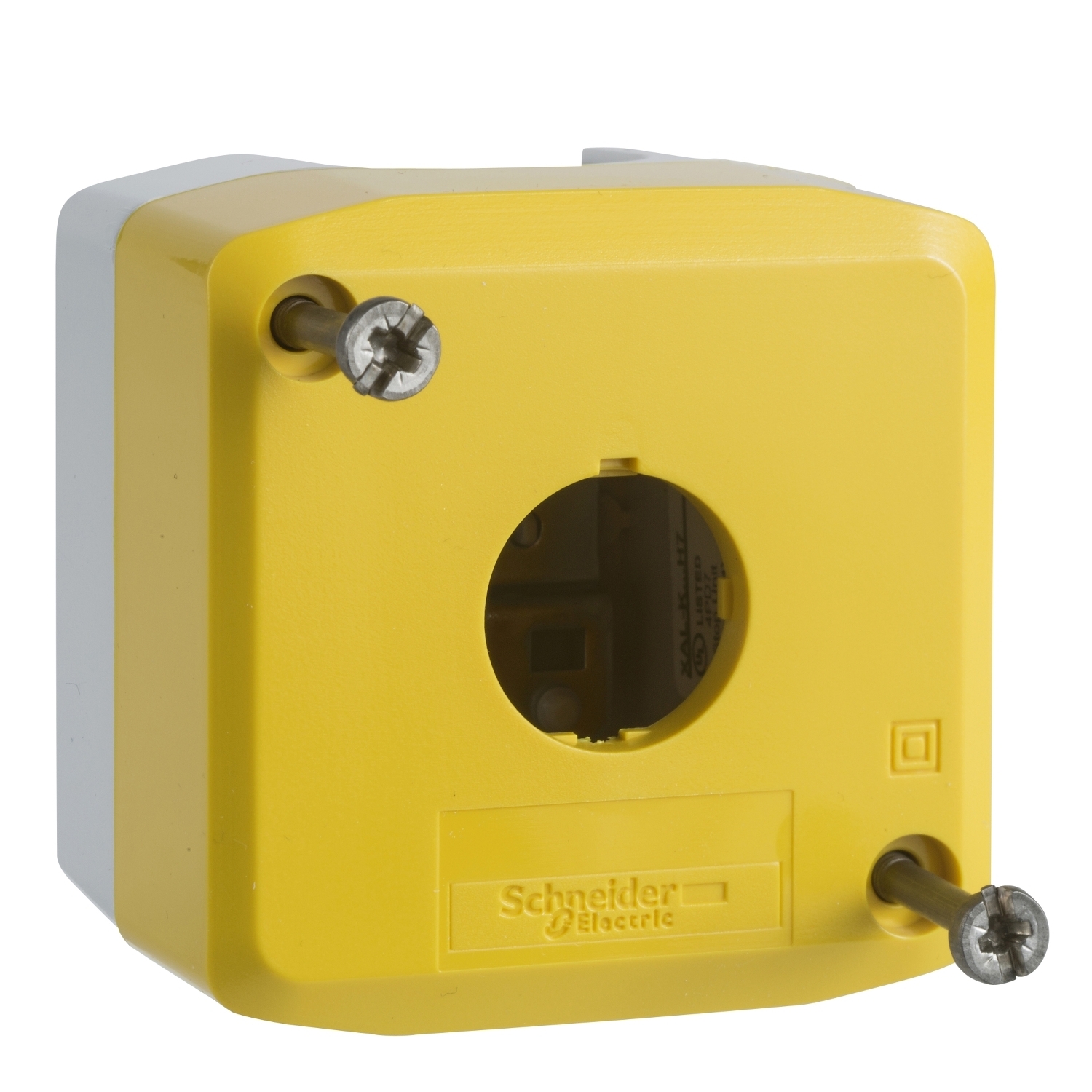 Empty control station, Harmony XALD, XALK, plastic, yellow, 1 cut out, unmarked, UL CSA certified