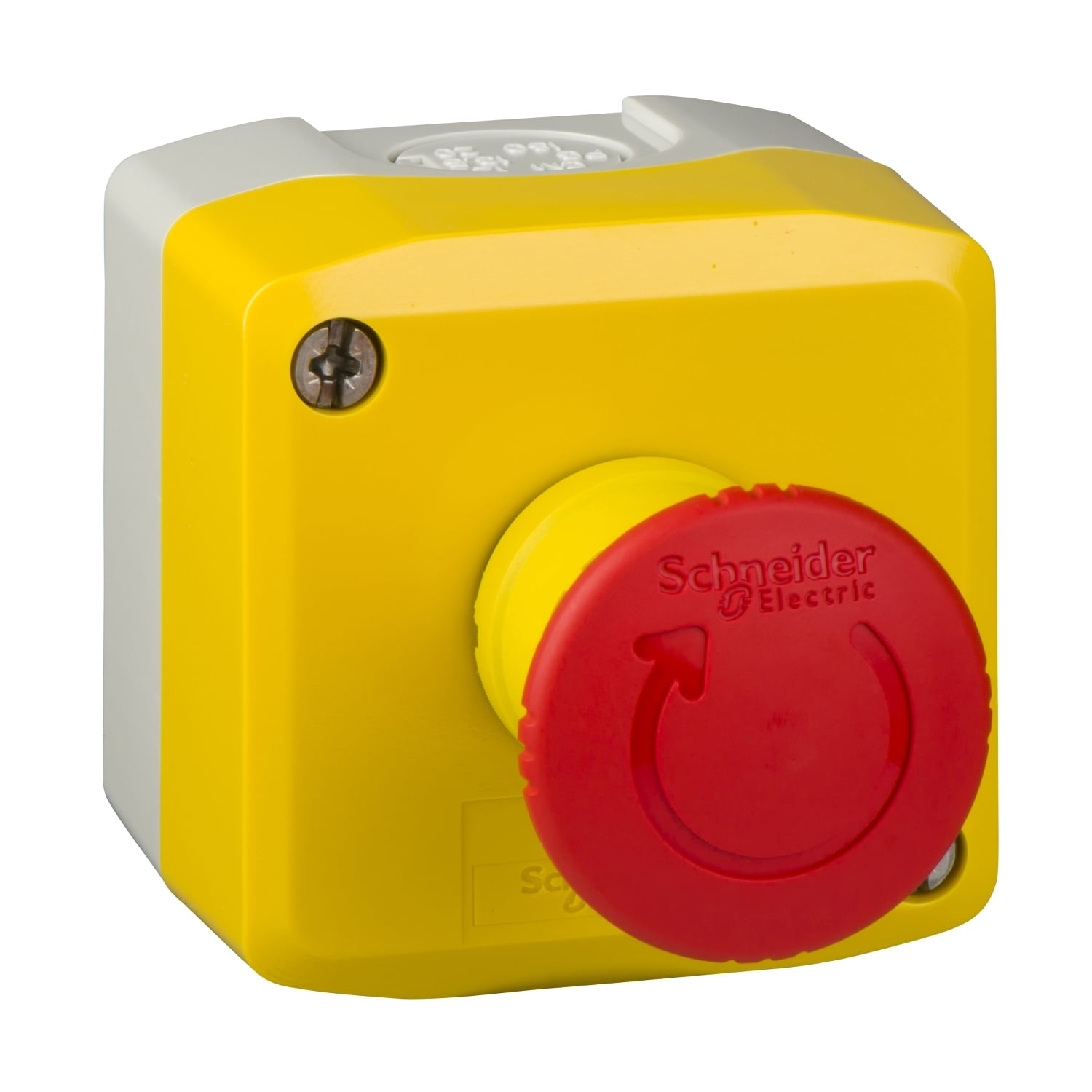 Complete control station, Harmony XALK, XALD, plastic, yellow lid, 1 red mushroom push button 40mm, turn to release, 1NC