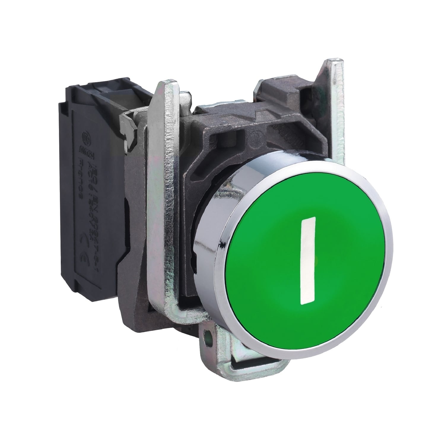 Push button, metal, Harmony XB4, flush, green, 22mm, spring return, marked I, 1NO