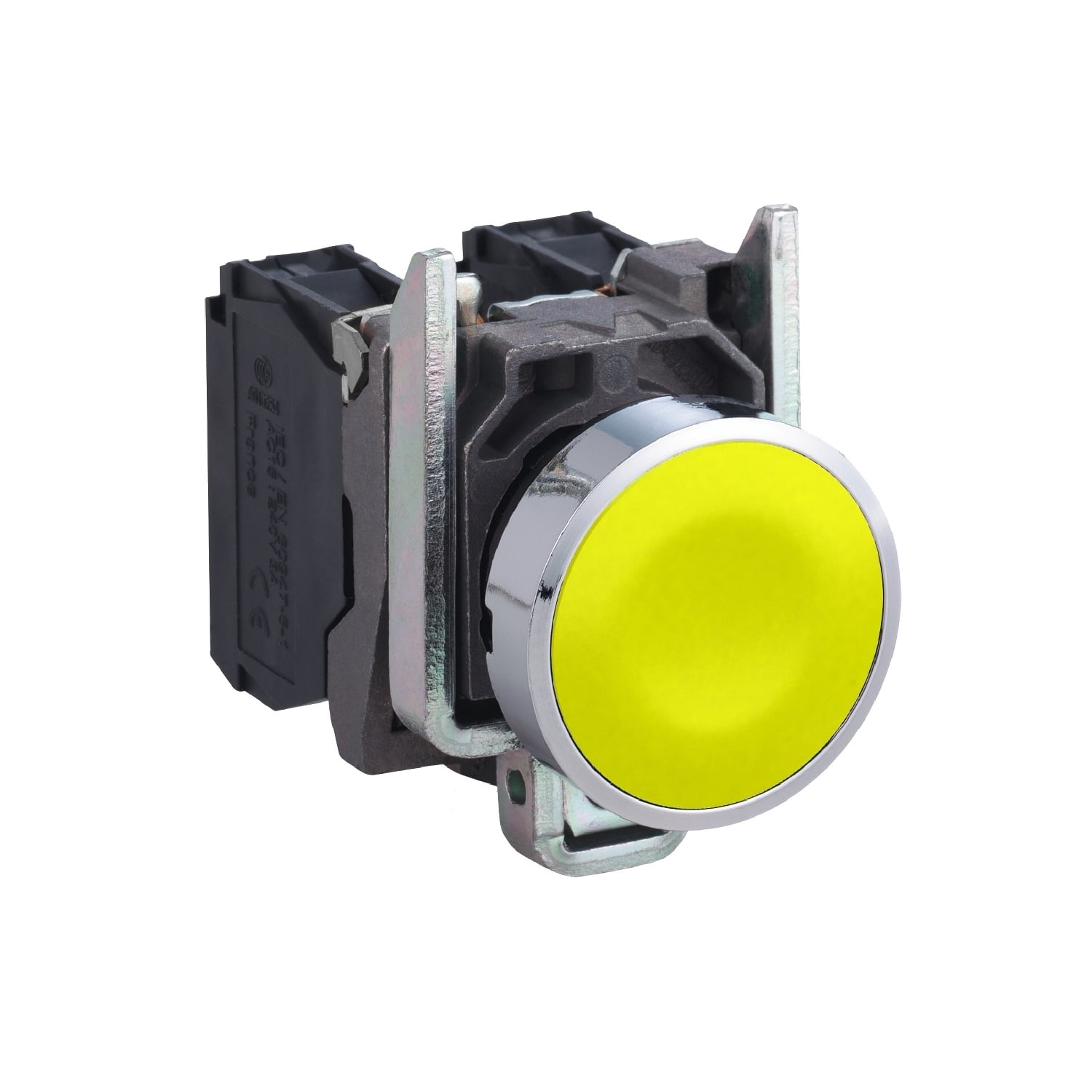 Push button, Harmony XB4, metal, flush, yellow, 22mm, spring return, unmarked, 1NO