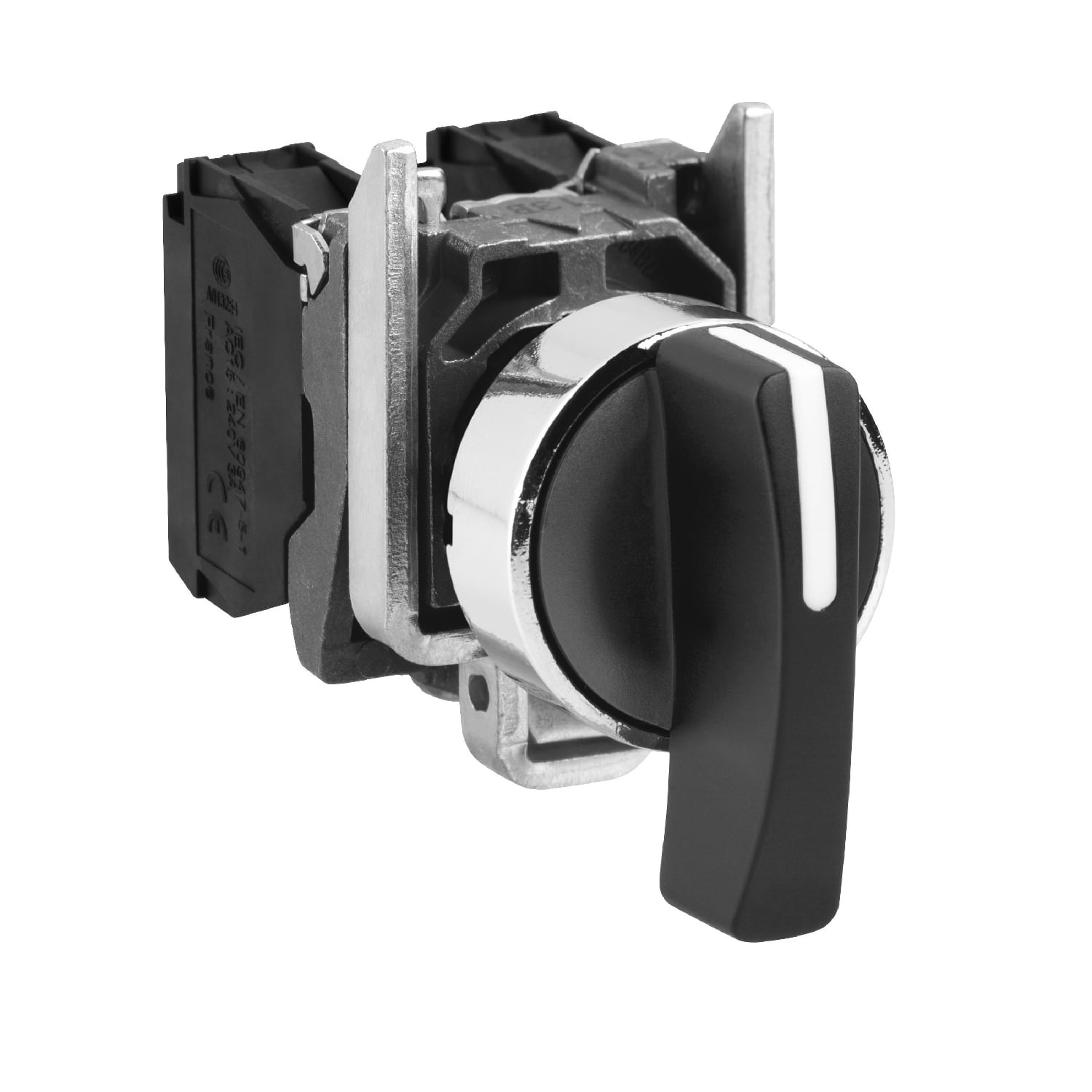 Selector switch, Harmony XB4, metal, black, 22mm, long handle, 3 position, stay put, 2NO