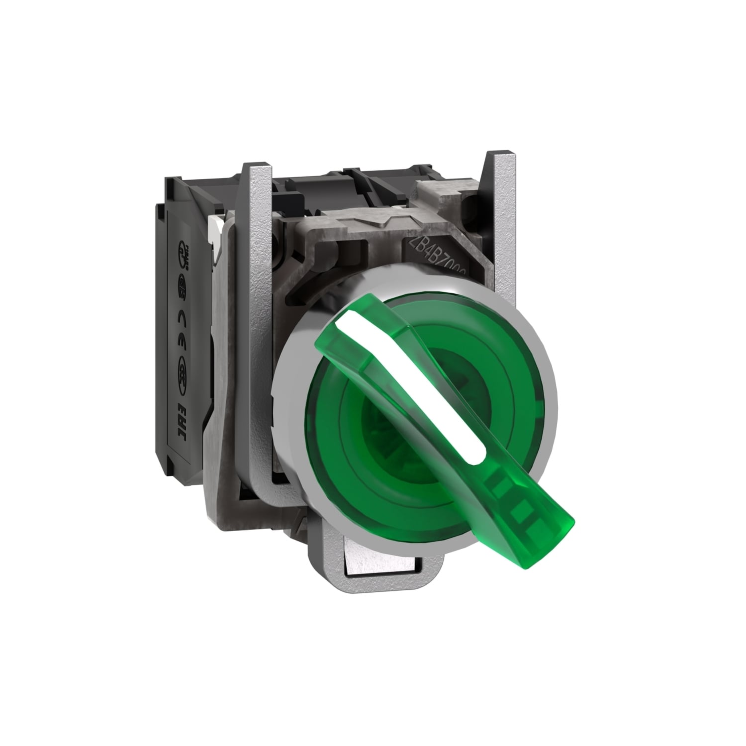 Illuminated selector switch, Harmony XB4, metal, green handle, 22mm, universal LED, 2 positions, 1NO + 1NC, 24V AC DC
