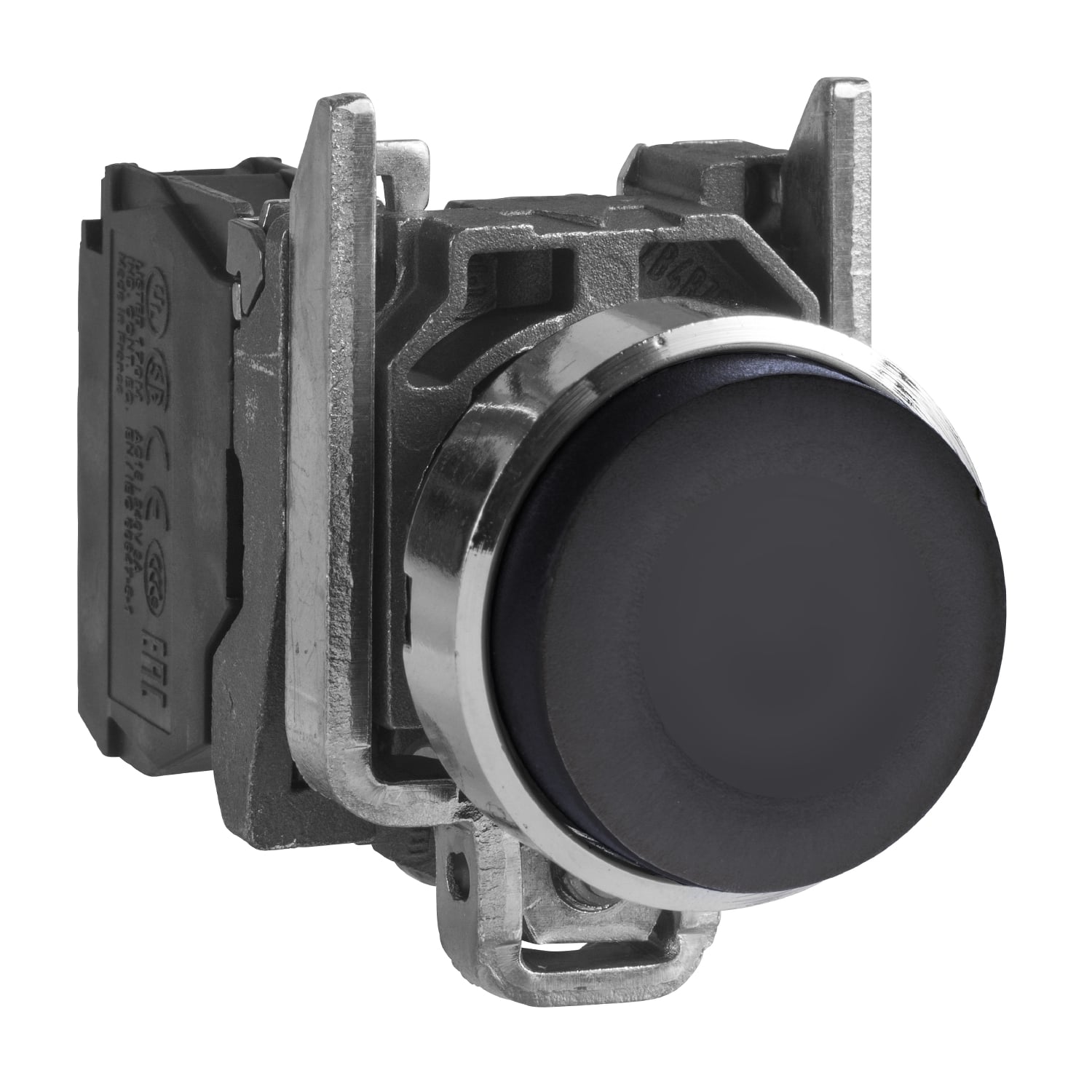 Push button, Harmony XB4, black projecting, metal, 22mm, spring return, 1NO, unmarked