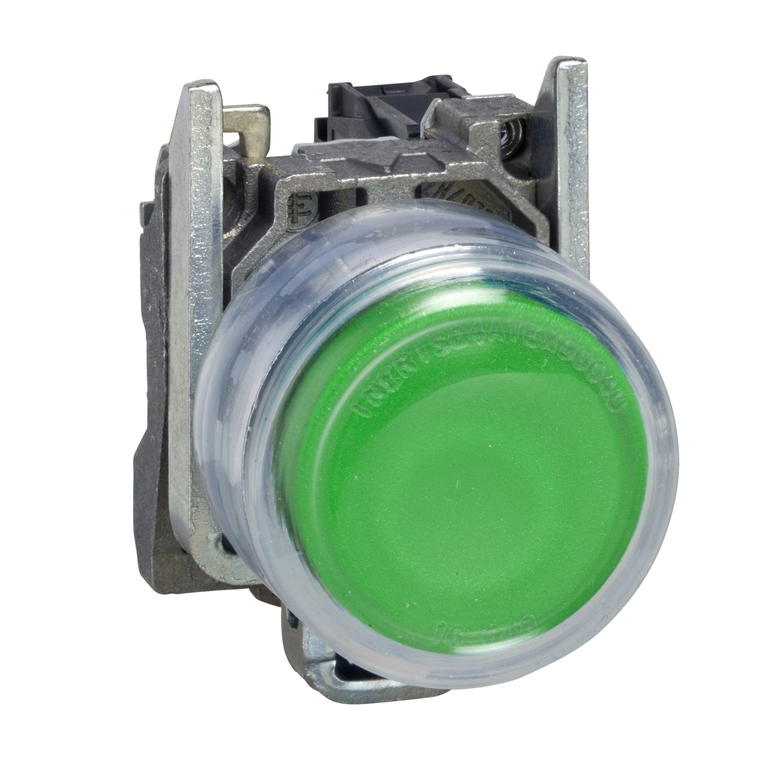 Push button, Harmony XB4, metal, projecting, green, 22mm, spring return, booted, unmarked, 1NO