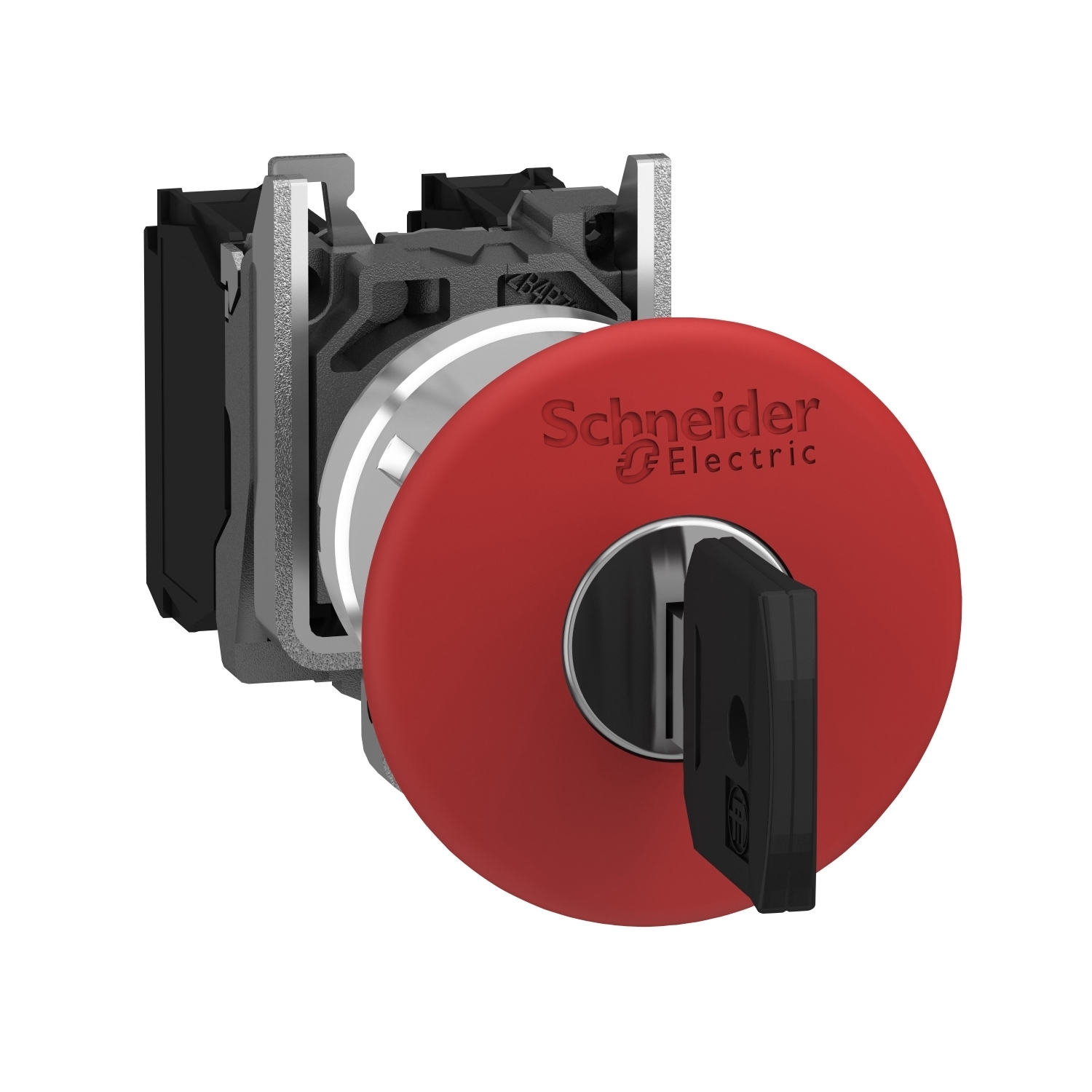 Emergency stop push button, Harmony XB4, metal, red mushroom, 40mm, 22mm, trigger latching key release, 1NO+1NC