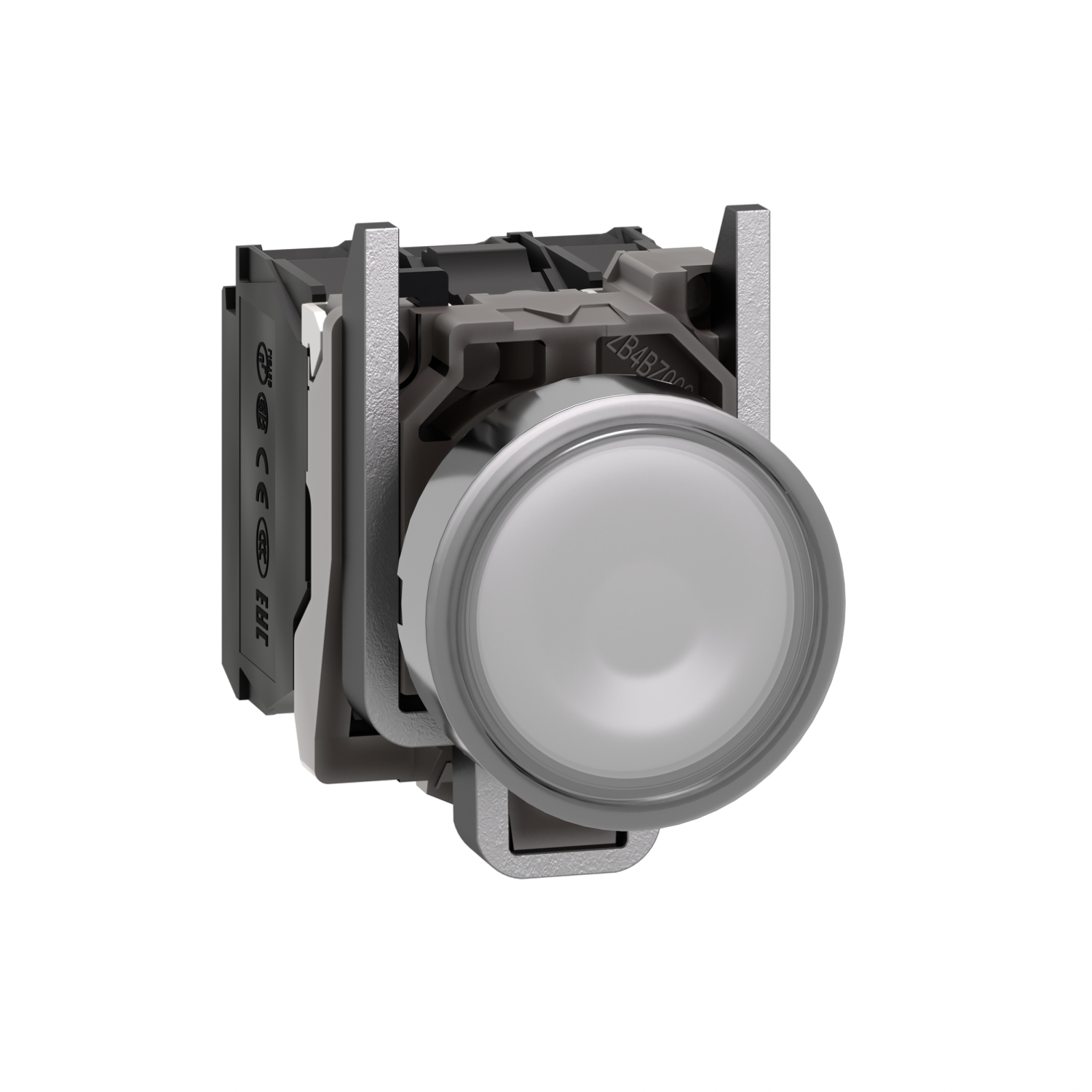 Illuminated push button, Harmony XB4, metal, white flush, 22mm, universal LED, plain lens, 1NO + 1NC, 110...120V AC