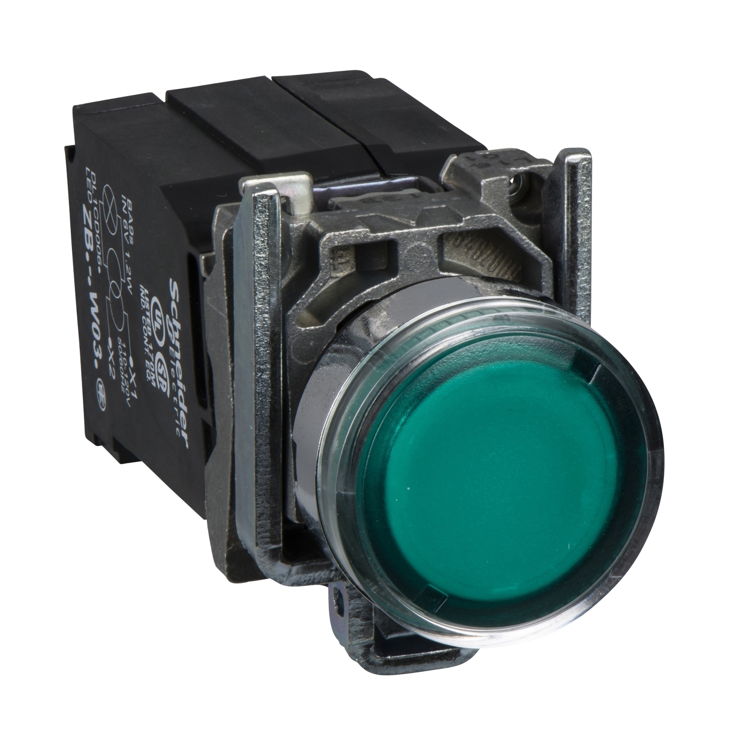 Illuminated push button, Harmony XB4, green flush, 22mm, spring return, 1NO + 1NC, 110...120V