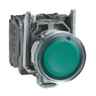 Harmony XB4, Illuminated push button, metal, flush, green, 22, spring return, <= 250 V, 1 NO + 1 NC