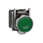 Illuminated push button, Harmony XB4, metal, green flush, 22mm, universal LED, plain lens, 1NO + 1NC, 24V AC DC