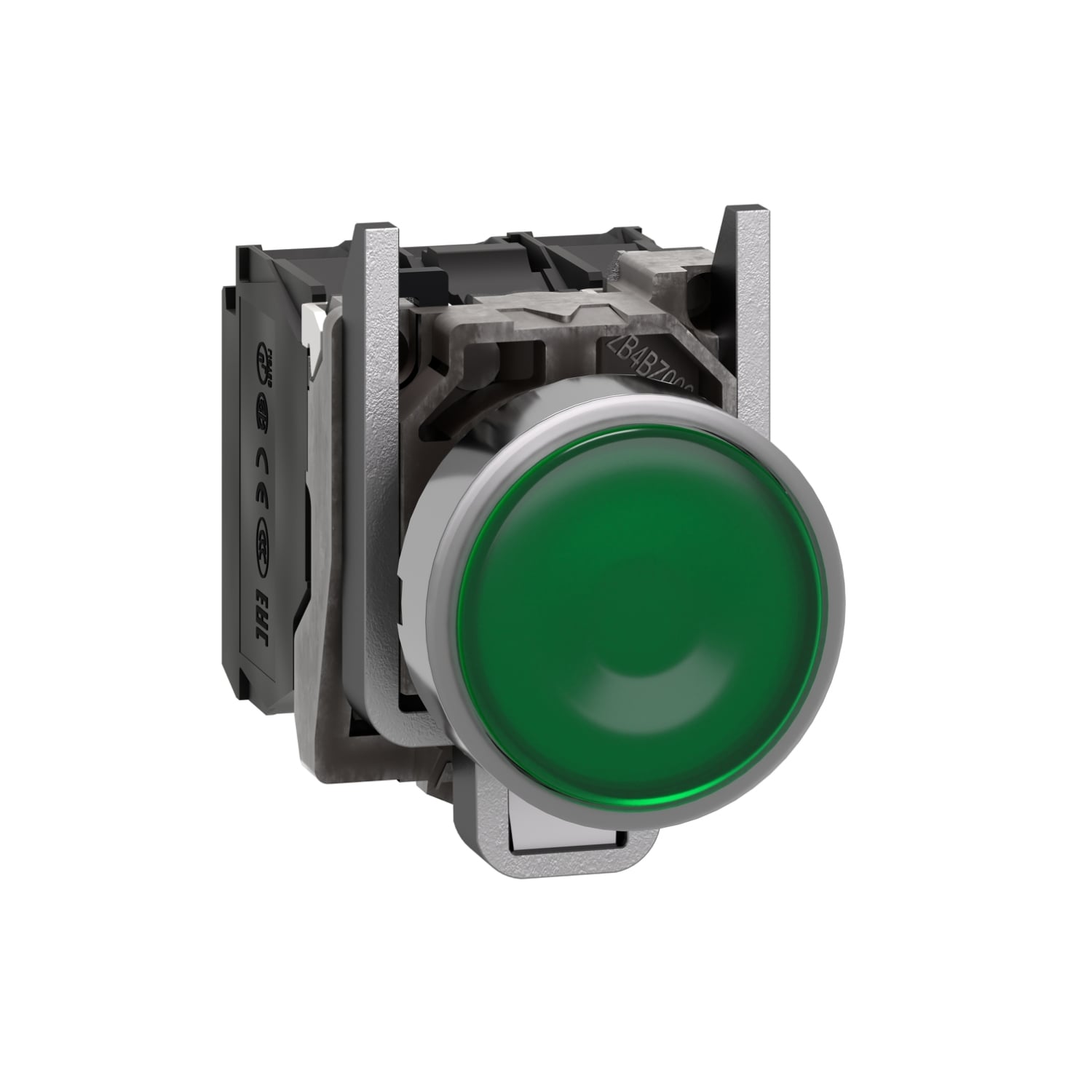 Illuminated push button, Harmony XB4, metal, green flush, 22mm, universal LED, plain lens, 1NO + 1NC, 24V AC DC