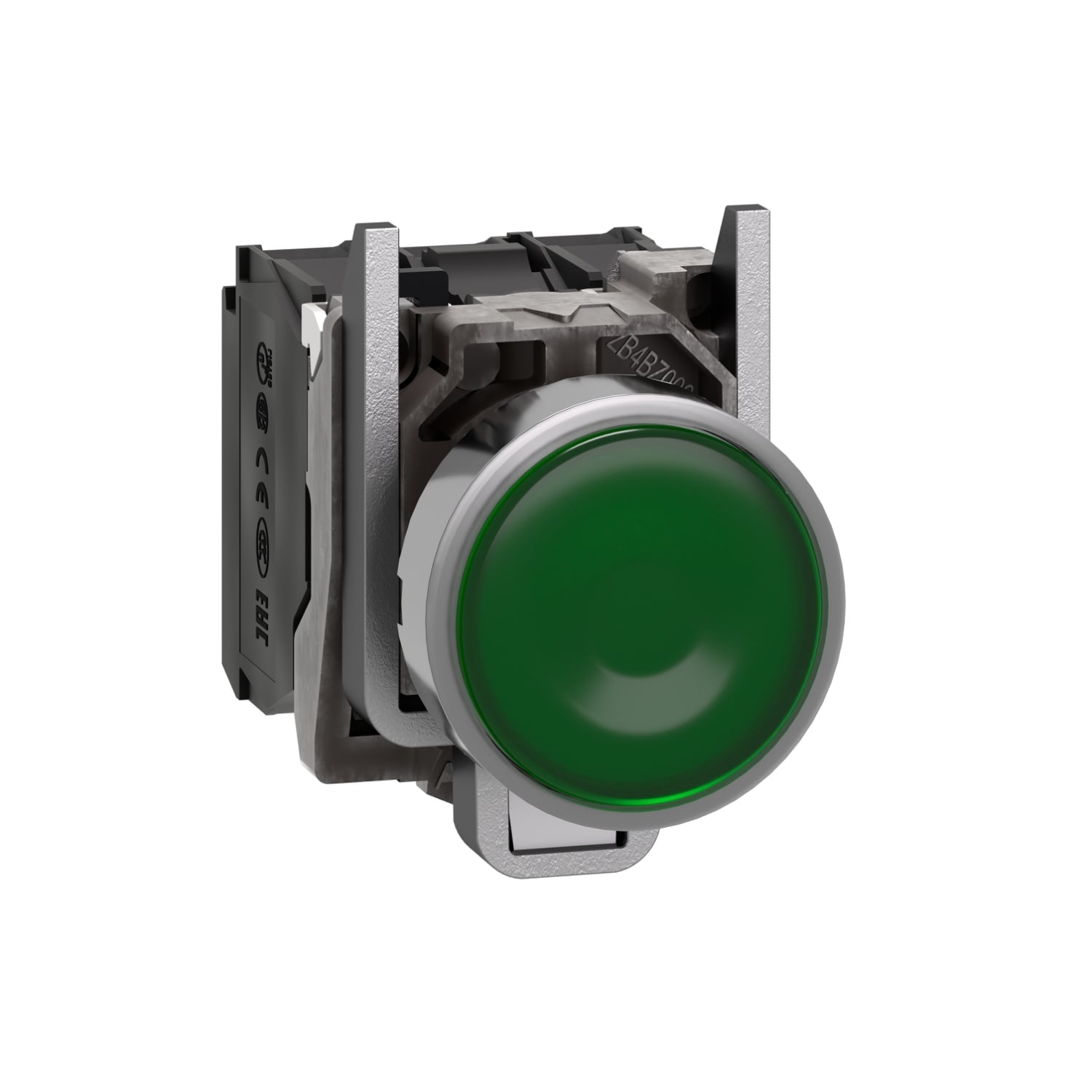 Illuminated push button, Harmony XB4, metal, green flush, 22mm, universal LED, plain lens, 1NO + 1NC, 110...120V AC
