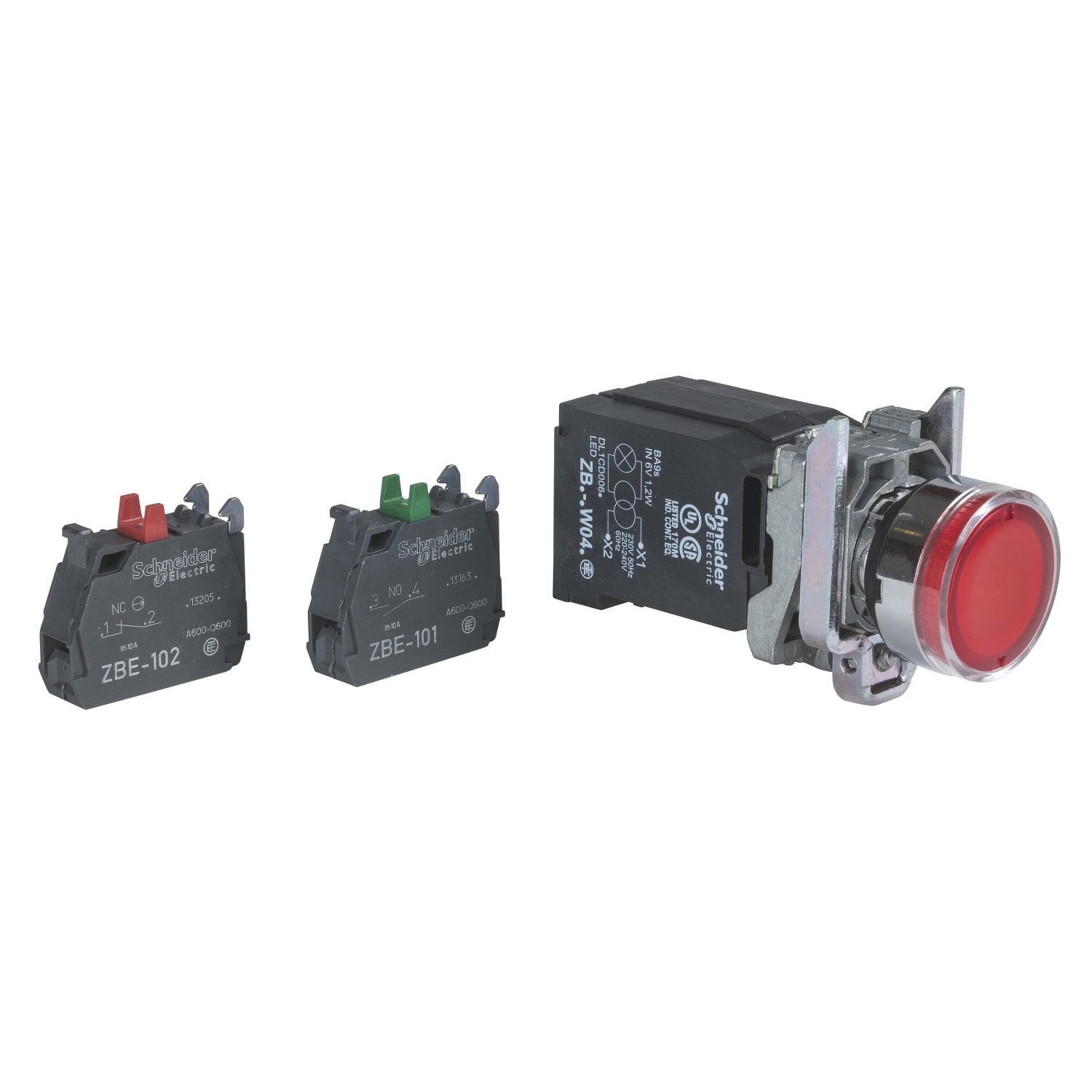 illuminated push button, Harmony XB4, red, flush,  22mm, spring return, 1NO+1NC, 110...120 V