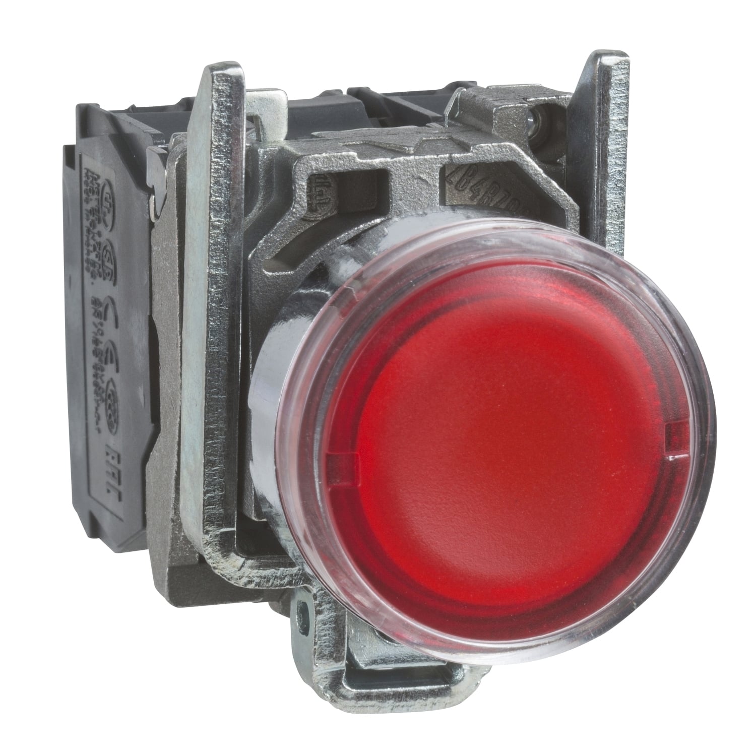 Illuminated push button, Harmony XB4, metal, flush, red, 22mm, spring return, lt 250V, 1NO+1NC