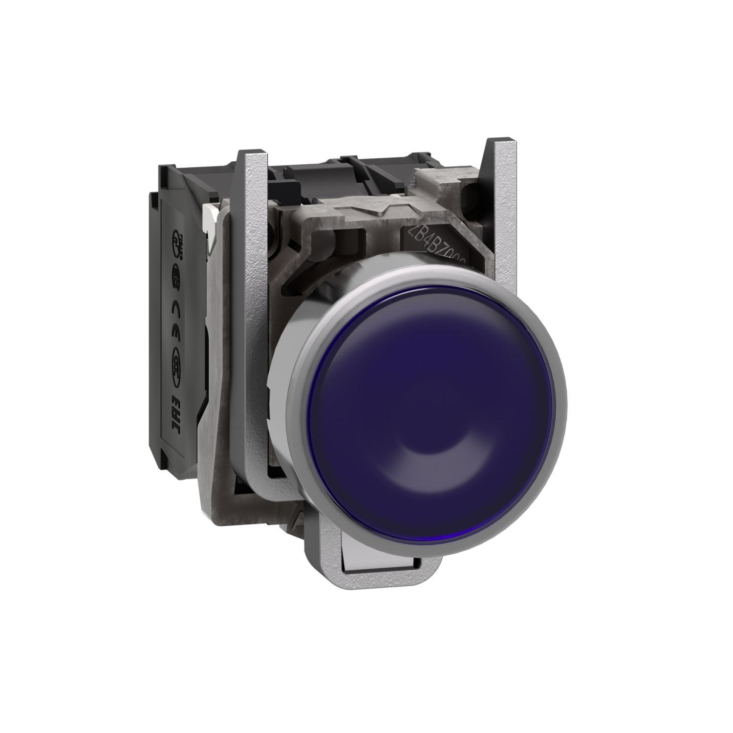 Illuminated push button, Harmony XB4, metal, blue flush, 22mm, universal LED, plain lens, 1NO + 1NC, 110...120V AC