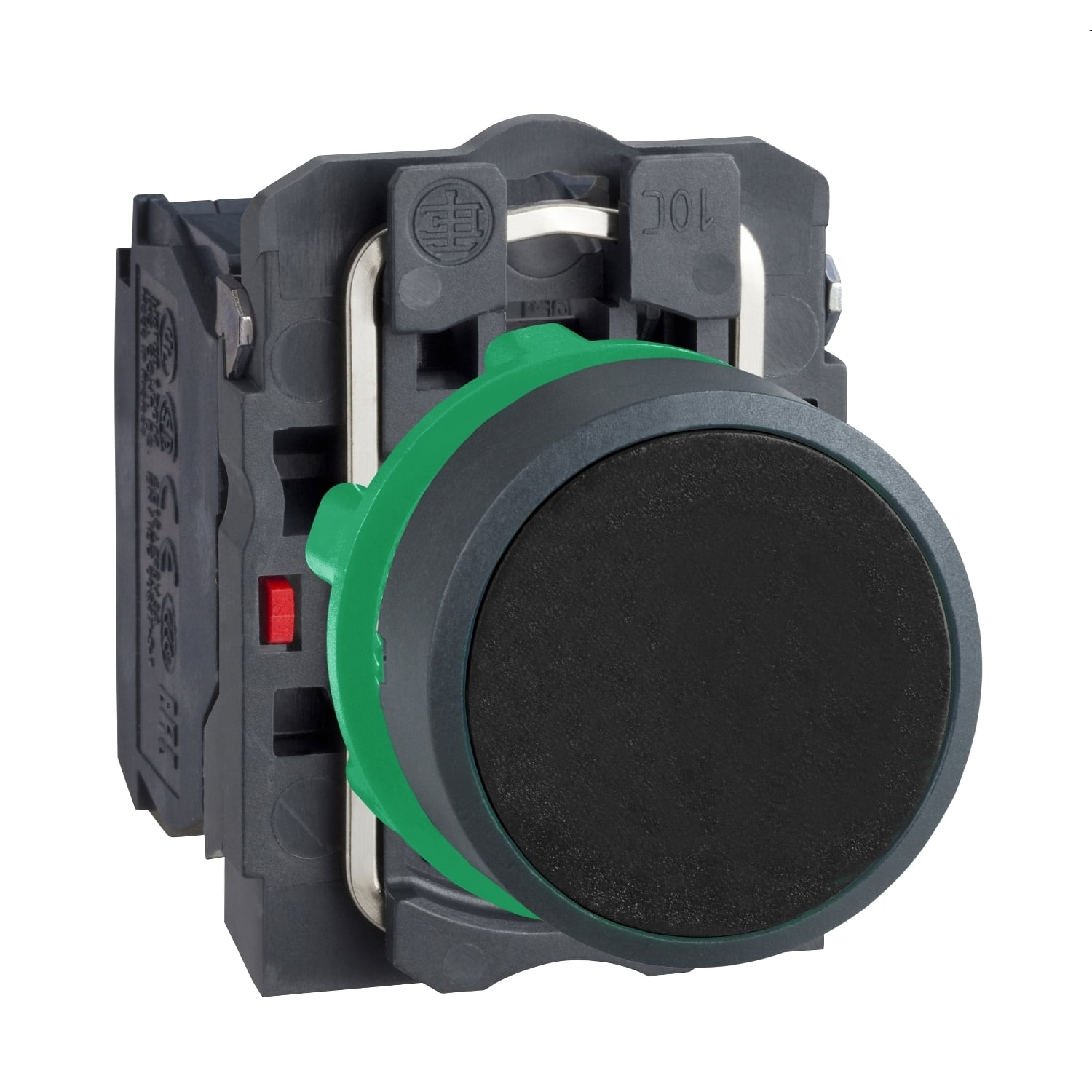 Push button, Harmony XB5, plastic, flush, black, 22mm, spring return, unmarked, 1NO+1NC