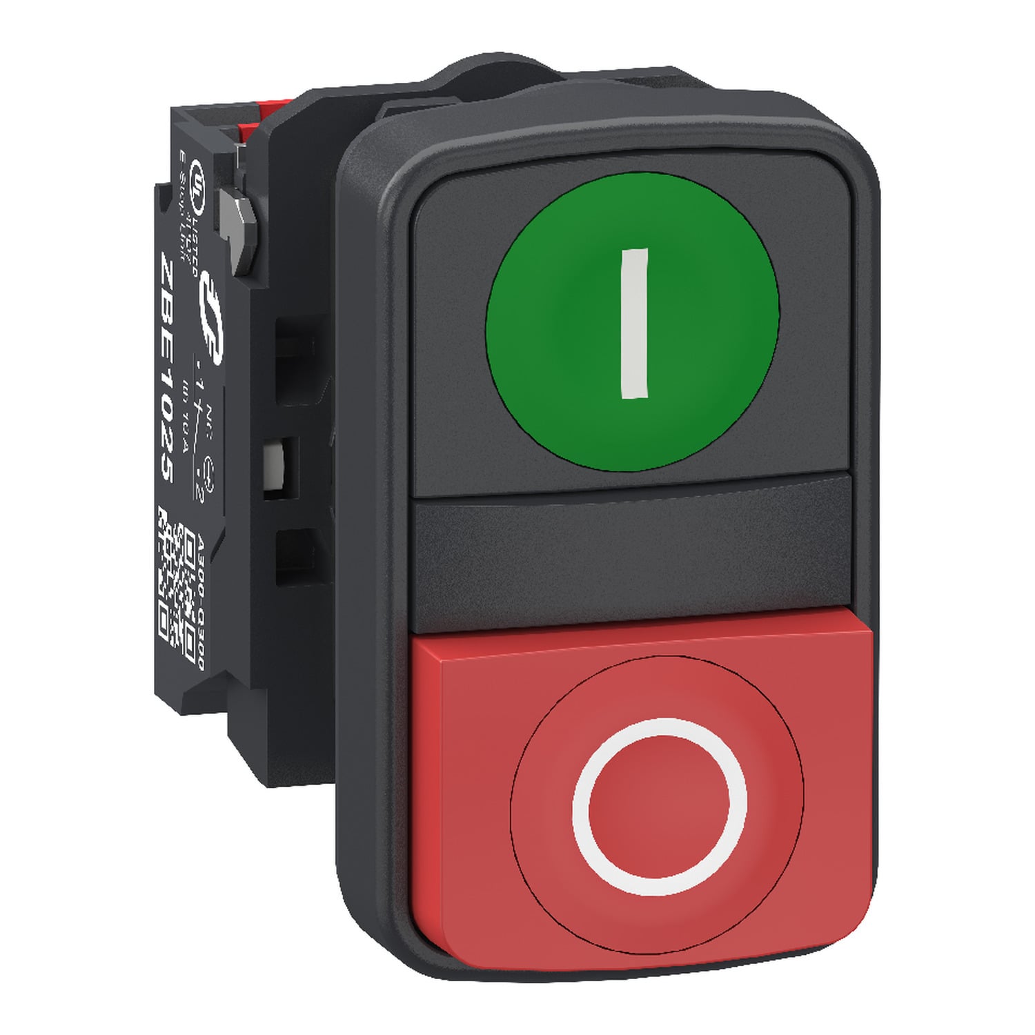 Double headed push button, Harmony XB5, plastic, 22mm, 1 green marked I + 1 red projecting marked O, 1NO+1NC, push in