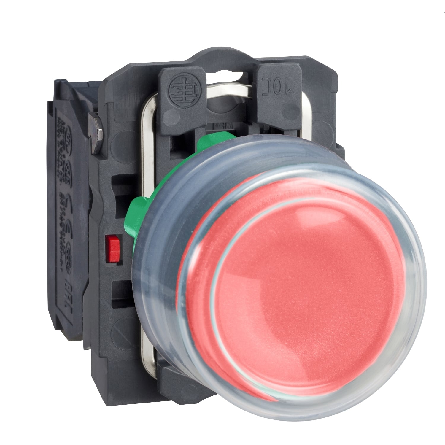 Push button, Harmony XB5, plastic, projecting, red, 22mm, spring return, booted, unmarked, 1NC