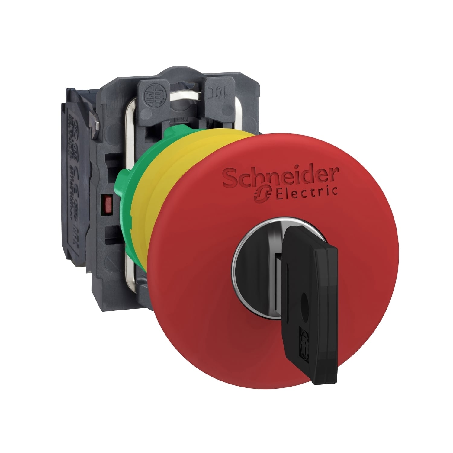 Emergency stop switching off, Harmony XB5, plastic, red mushroom 40mm, 22mm trigger latching key release, 1NO+1NC