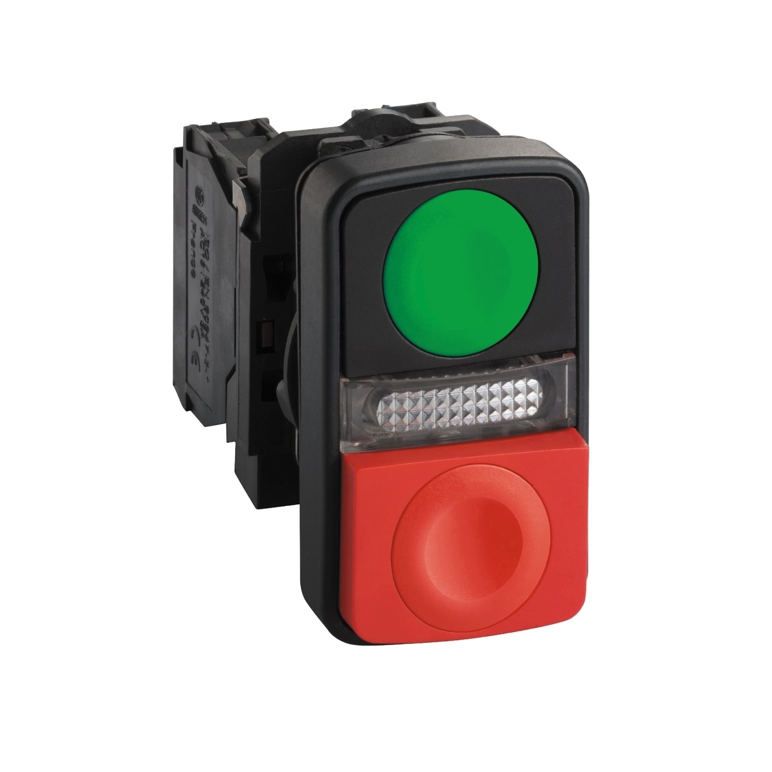 Illuminated double headed push button, Harmony XB5, plastic, 22mm, 1 green flush I + 1 pilot light + 1 red projecting O, 120V AC DC, 1NO + 1NC