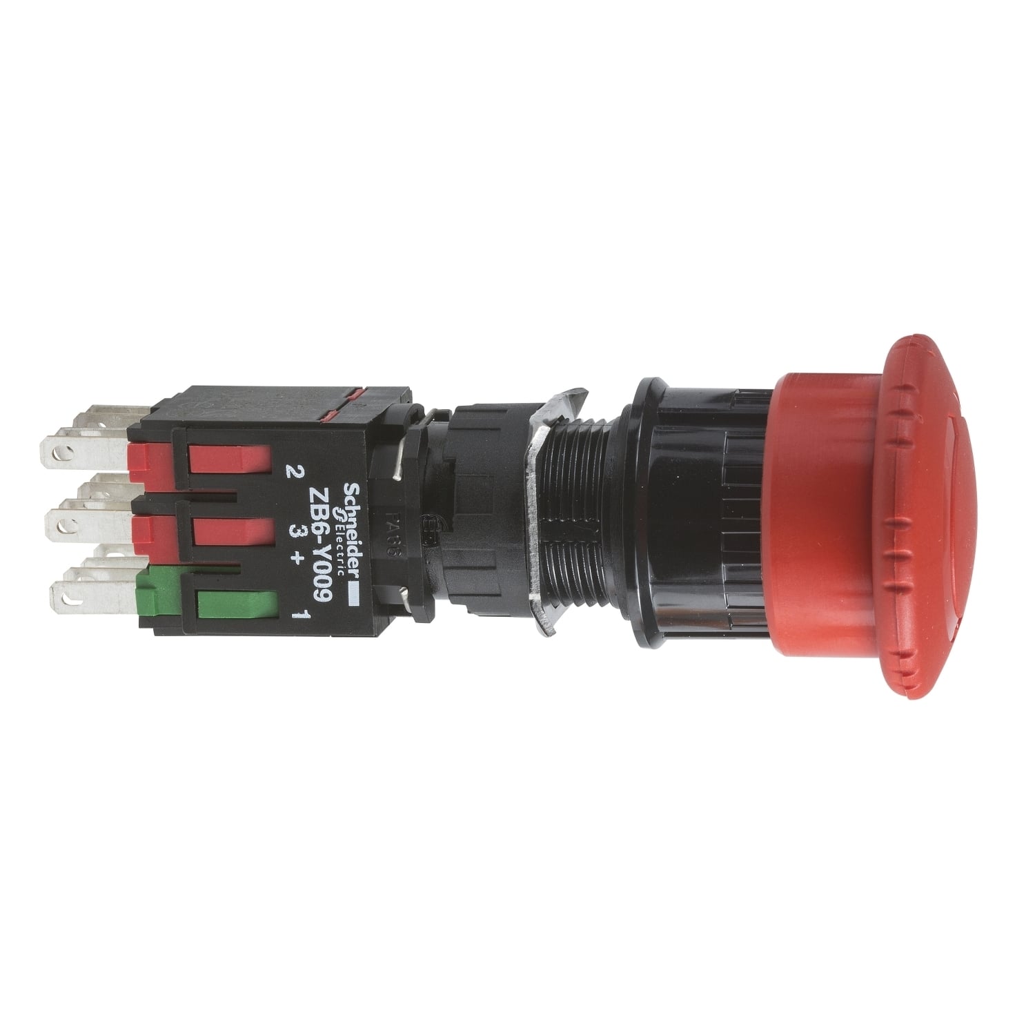 Complete emergency stop push button, Harmony XB6, 16mm, red pushbutton 30mm, trigger latching key release, 1NO, key 200