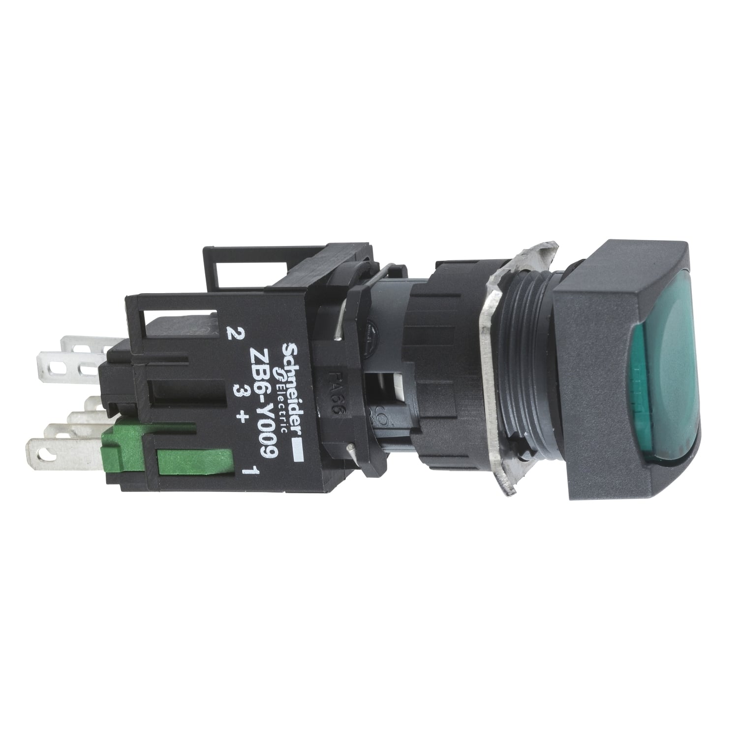 Complete illuminated push button, Harmony XB6, green square flush, 16mm, spring return, 1NO + 1NC,  12...24V