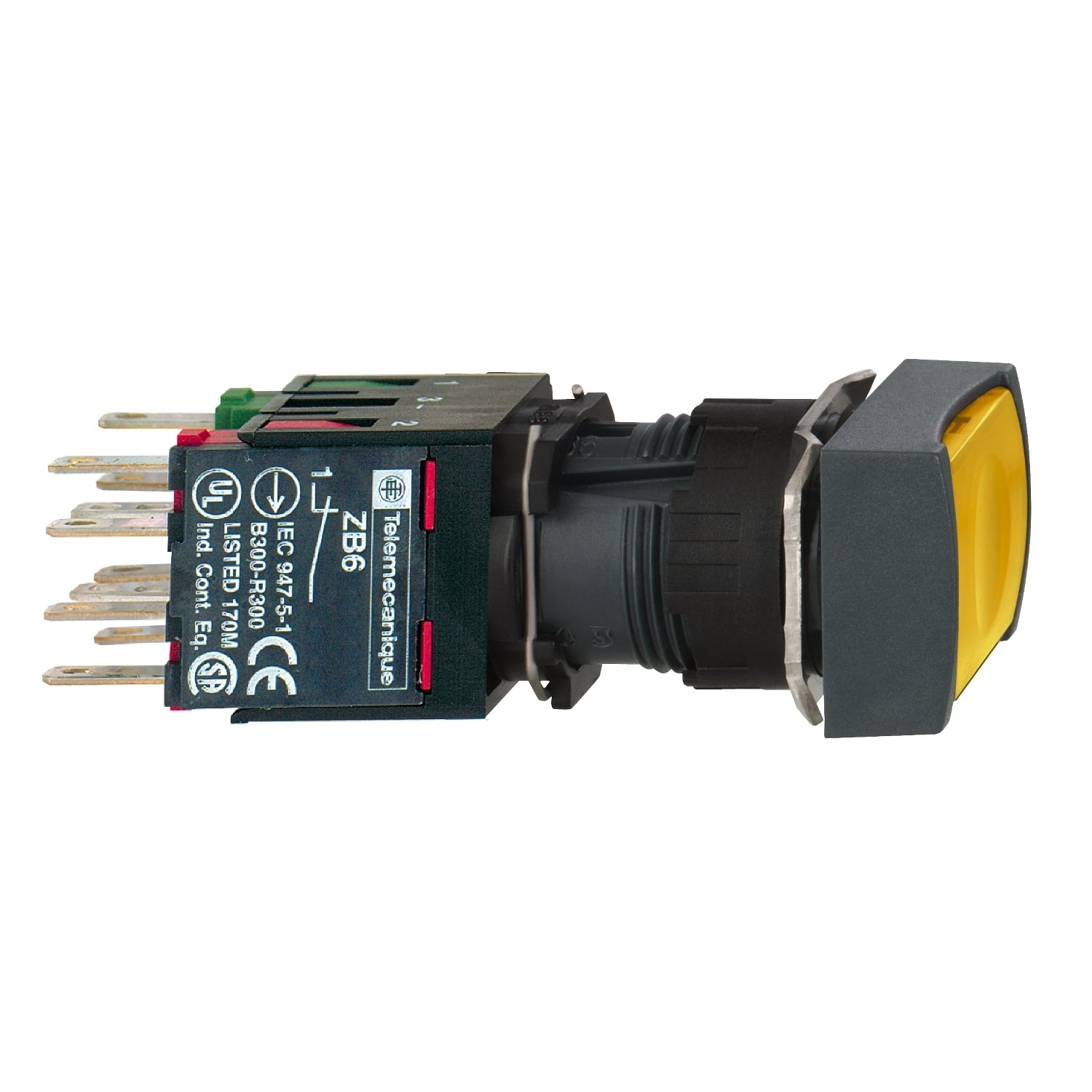 Complete illuminated push button, Harmony XB6, yellow square flush illum pushbutton  16 spring return 1NO+1NC 12...24 V