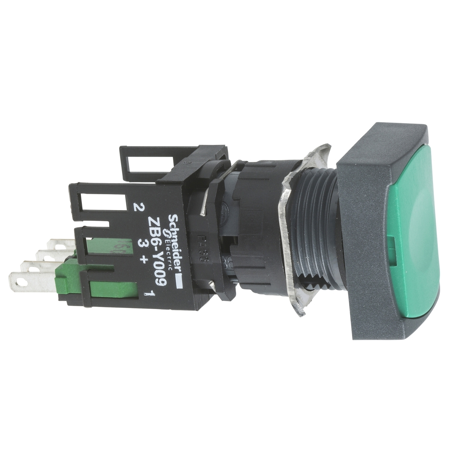 Complete push button, Harmony XB6, green rectangular flush pushbutton, 16mm, spring return, 1NO, unmarked