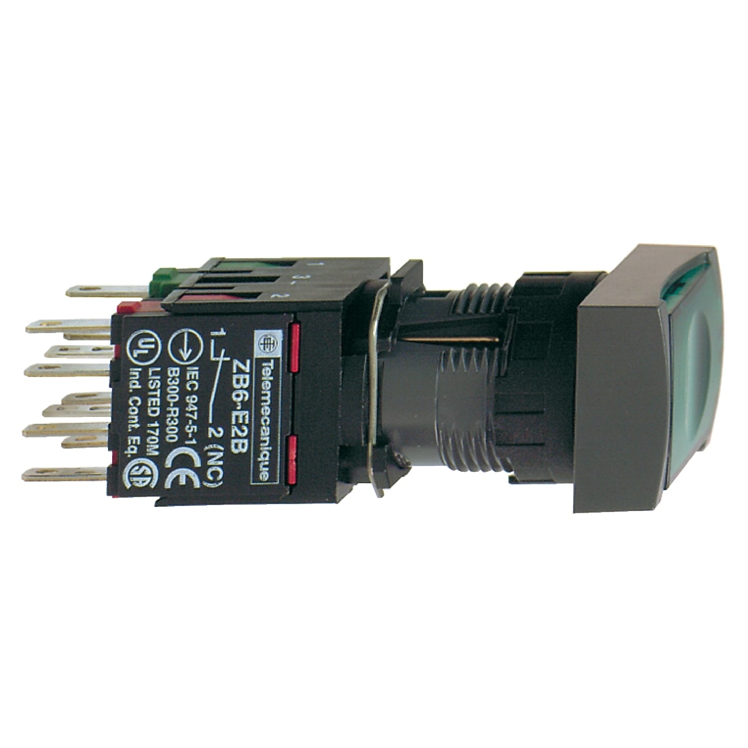 Complete illuminated push button, Harmony XB6, green rectang flush, 16mm, spring return, 1NO + 1NC,  12...24V