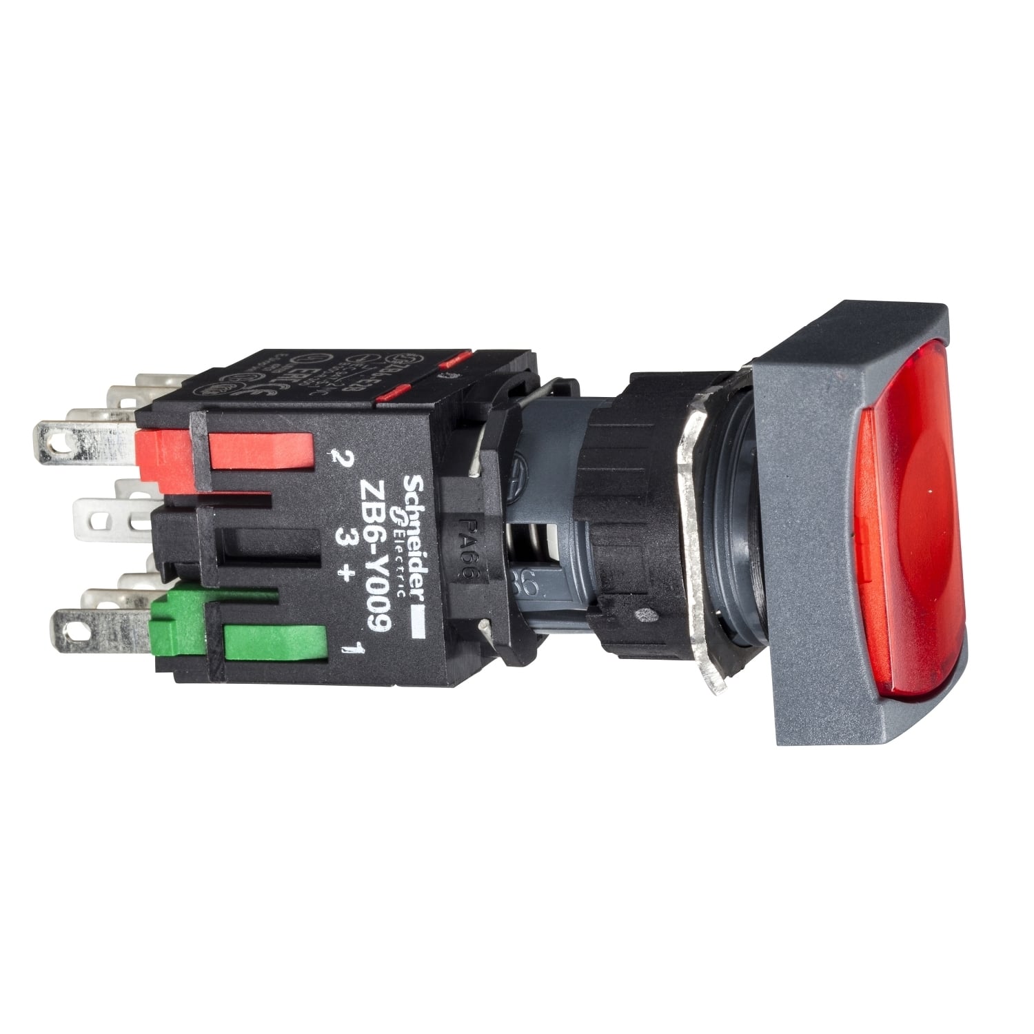 Complete illuminated push button, Harmony XB6, red rectang flush, 16mm, spring return, 1NO + 1NC,  12...24V