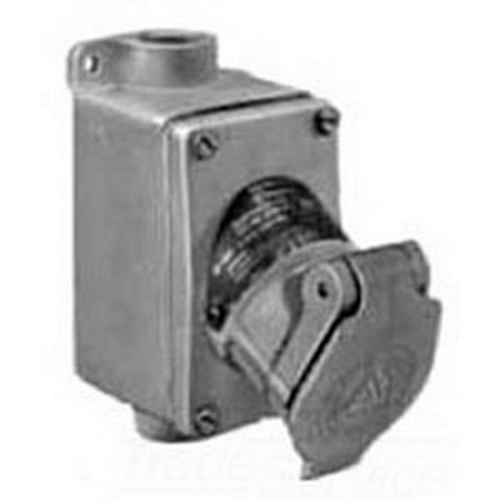 Explosionproof Receptacle Assembly, 1-Gang Dust-Ignitionproof Feed Through, 125 VAC, 20 A, 1 hp, 3 Pole, 2 Wires, NEMA 3/3R NEMA, Malleable Iron, 6.5 in H x 2.75 in W x 5.64 in D Dimensions
