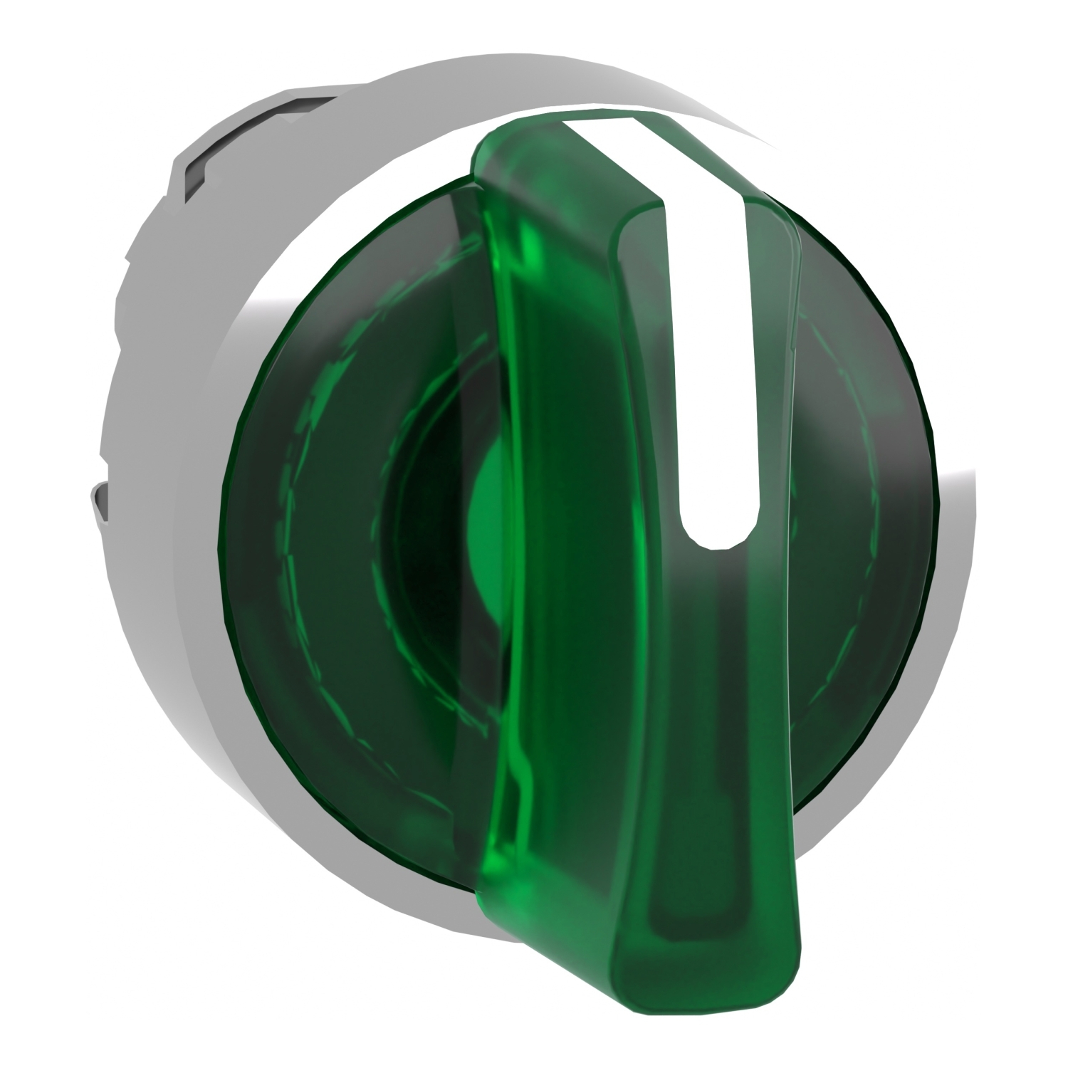 Head for illuminated selector switch, Harmony XB4, chromium metal, green handle, 22mm, universal LED, 3 positions, right to center