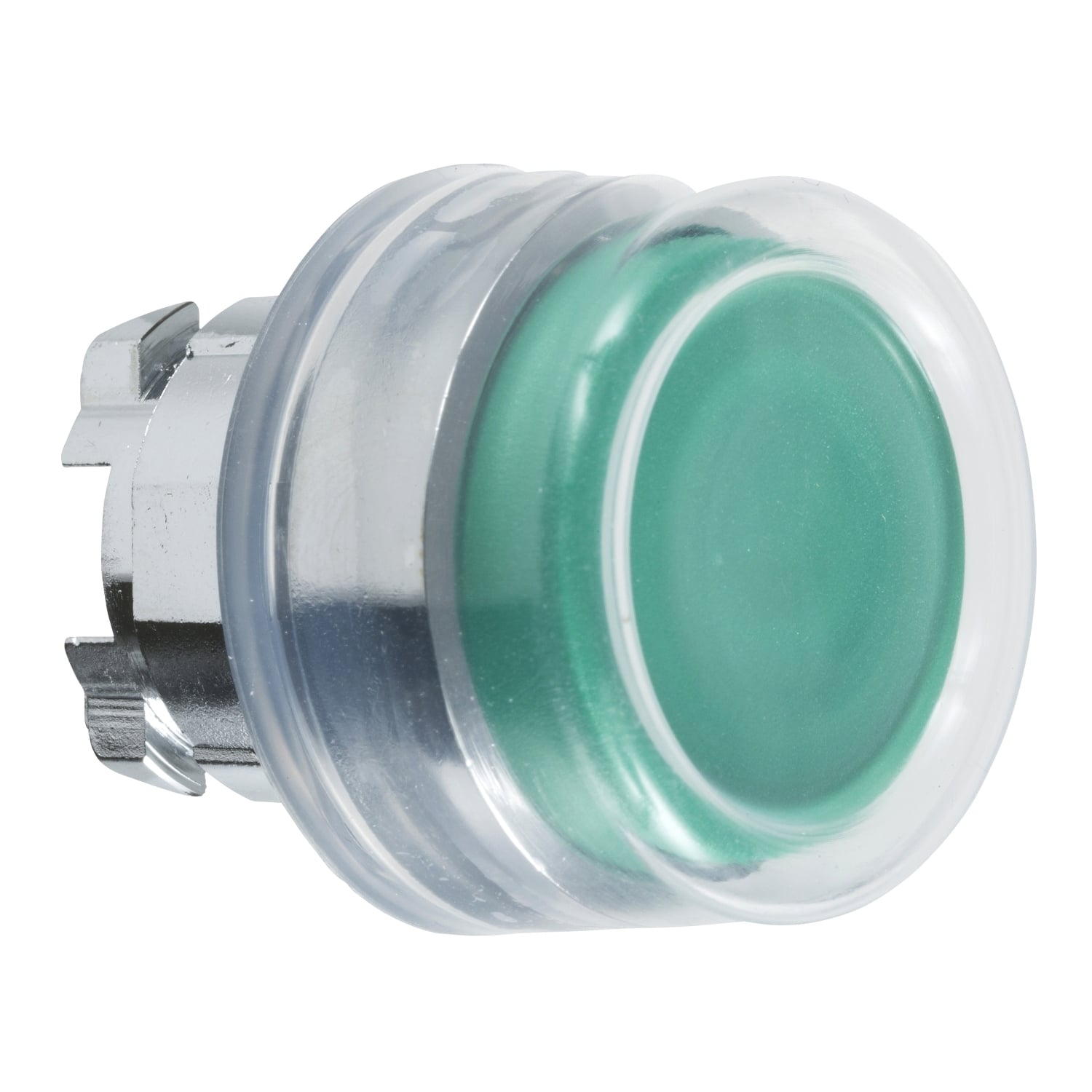 Head for non illuminated push button, Harmony XB4, metal, green flush, 22mm, spring return, clear boot, unmarked