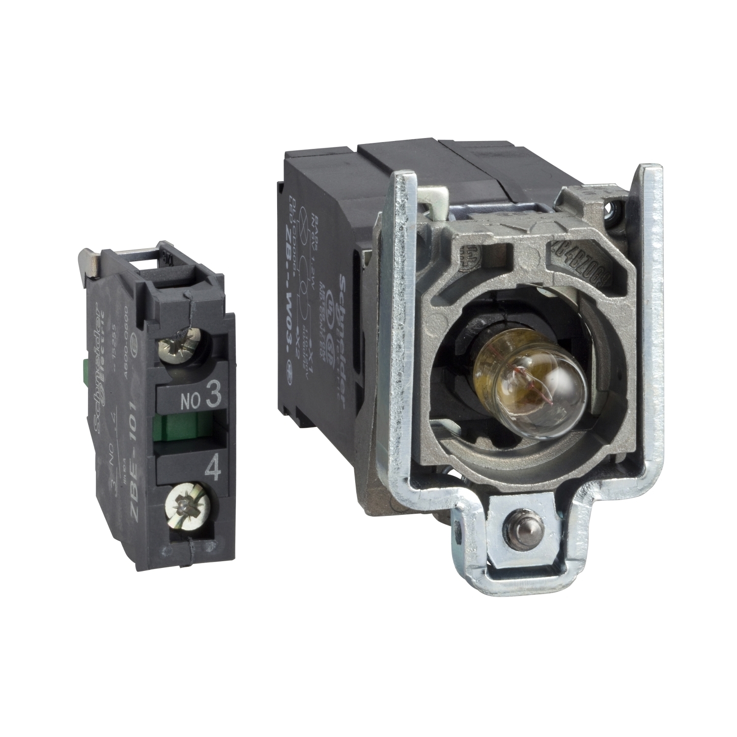 Complete body/contact assembly and light block, Harmony XB4, with body/fixing collar, BA9s incandescent bulb, 110...120V, 1NO