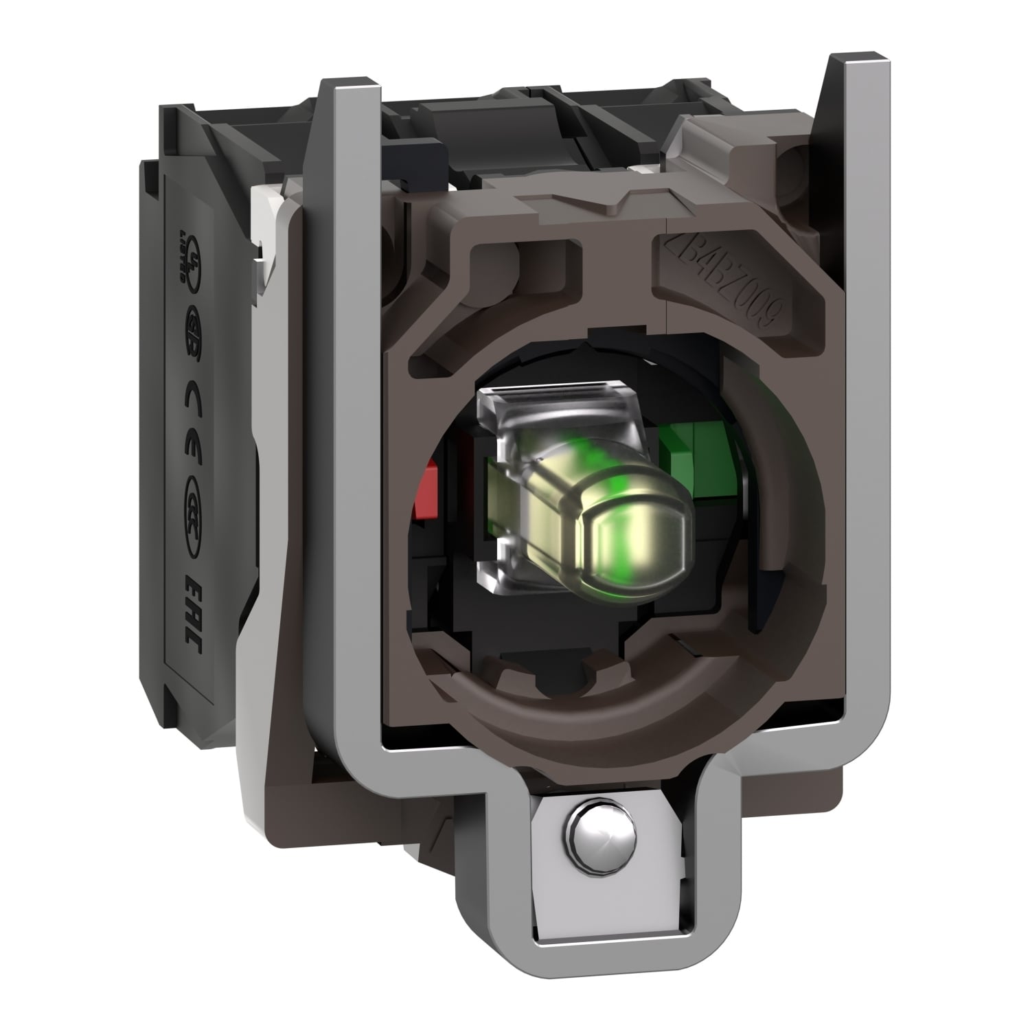 Complete body contact assembly and light block, Harmony XB4, metal, universal LED, body fixing collar, 1NO + 1NC, 24V AC DC