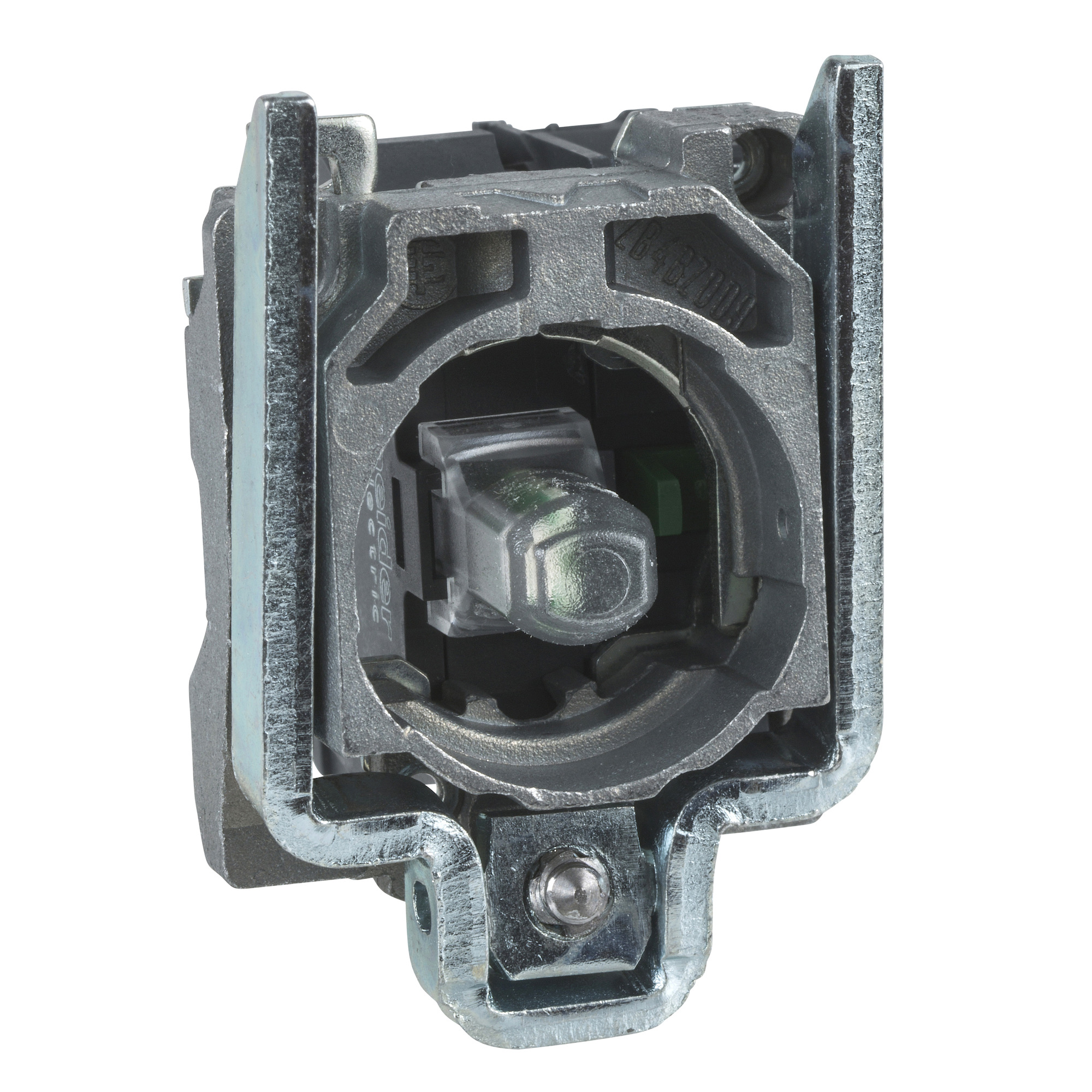 Complete body/contact assembly and light block, Harmony XB4, green with body/fixing collar with integral LED 24 V 1NC