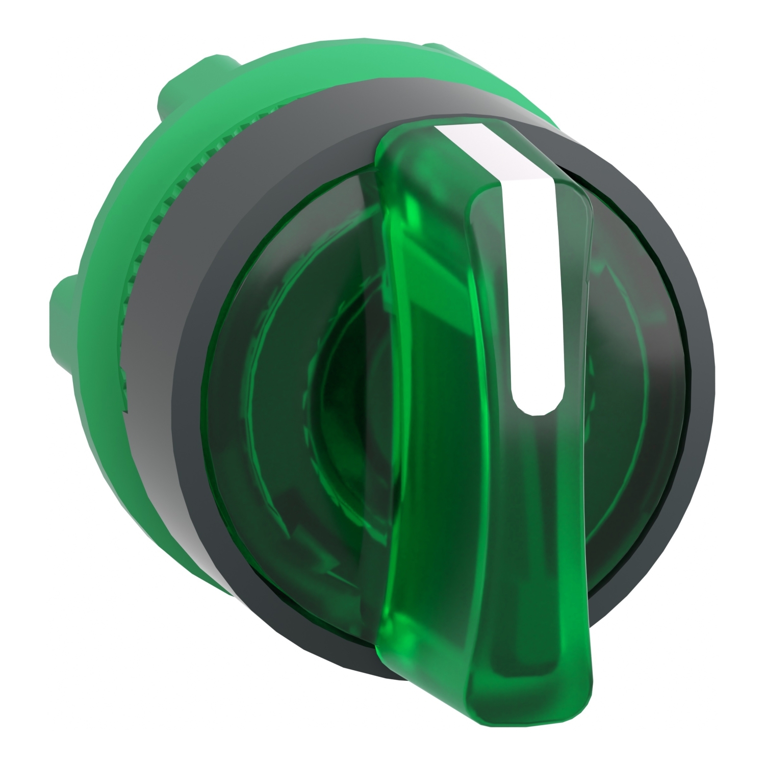 Head for illuminated selector switch, Harmony XB5, dark grey plastic, green handle, 22mm, universal LED, 3 positions, left to center
