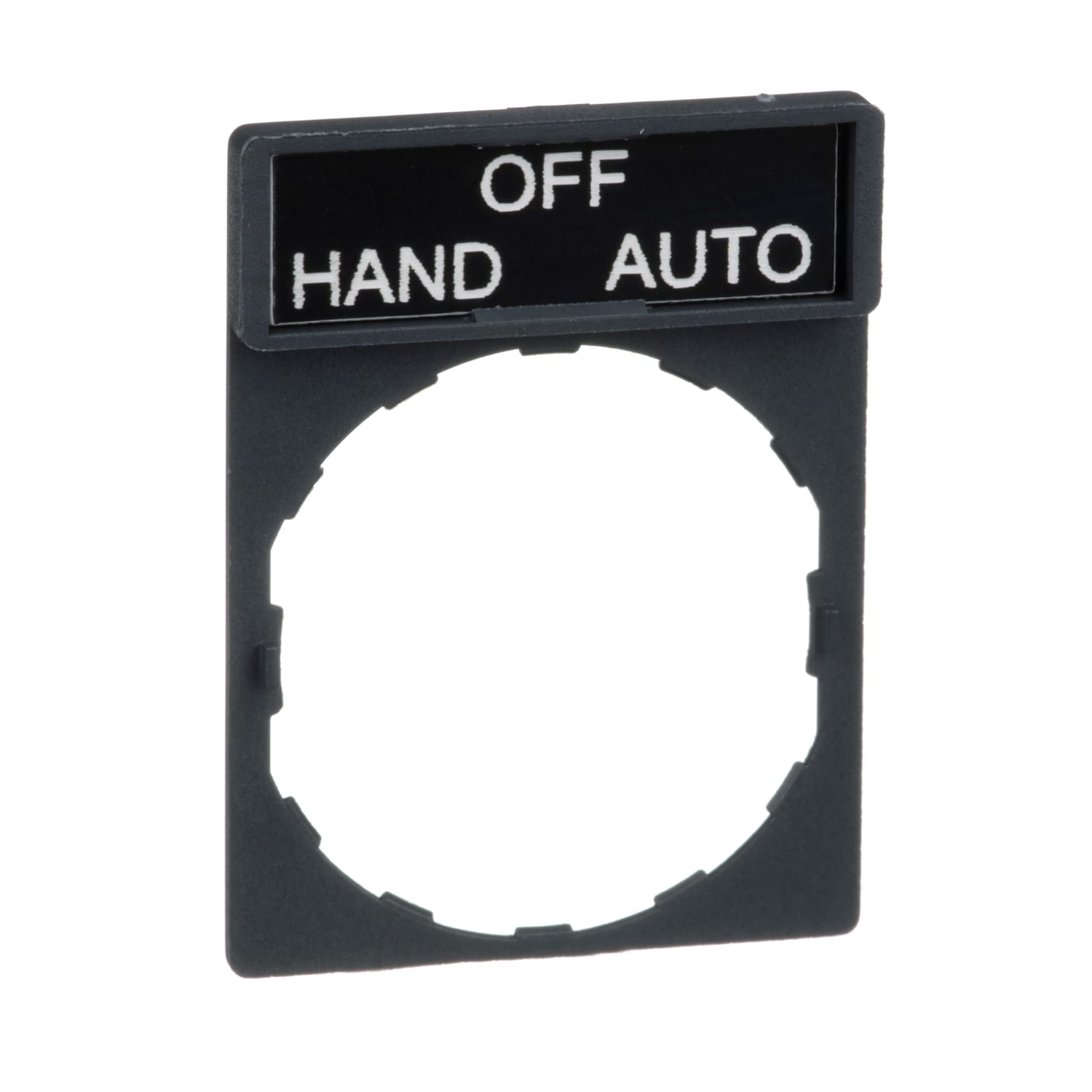 Harmony, 22mm Push Button, legend holder 30 x 40 mm, with legend 8 x 27 mm, marked HAND OFF AUTO