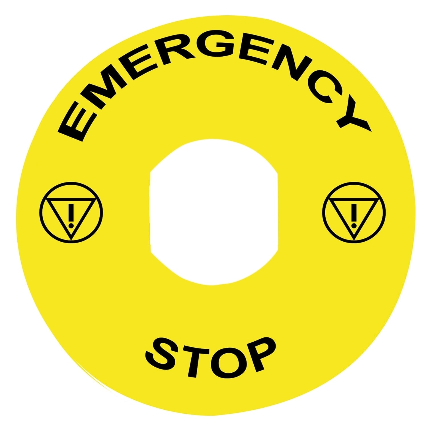Marked legend, Harmony XB4, plastic, yellow, 90mm, for emergency stop, marked EMERGENCY STOP with logo ISO13851
