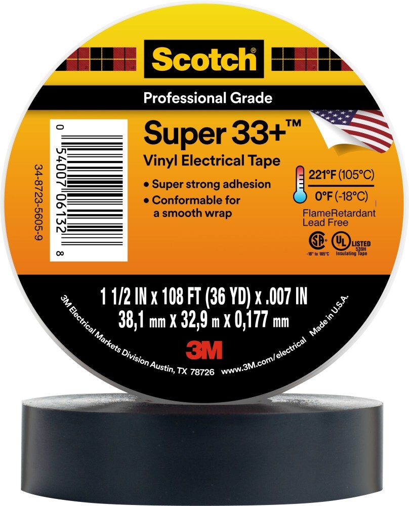 7000031512 Scotch Super 33+ Vinyl Electrical Tape, 1-1/2 inch x 36 yd, 1-1/2 inch core, Black