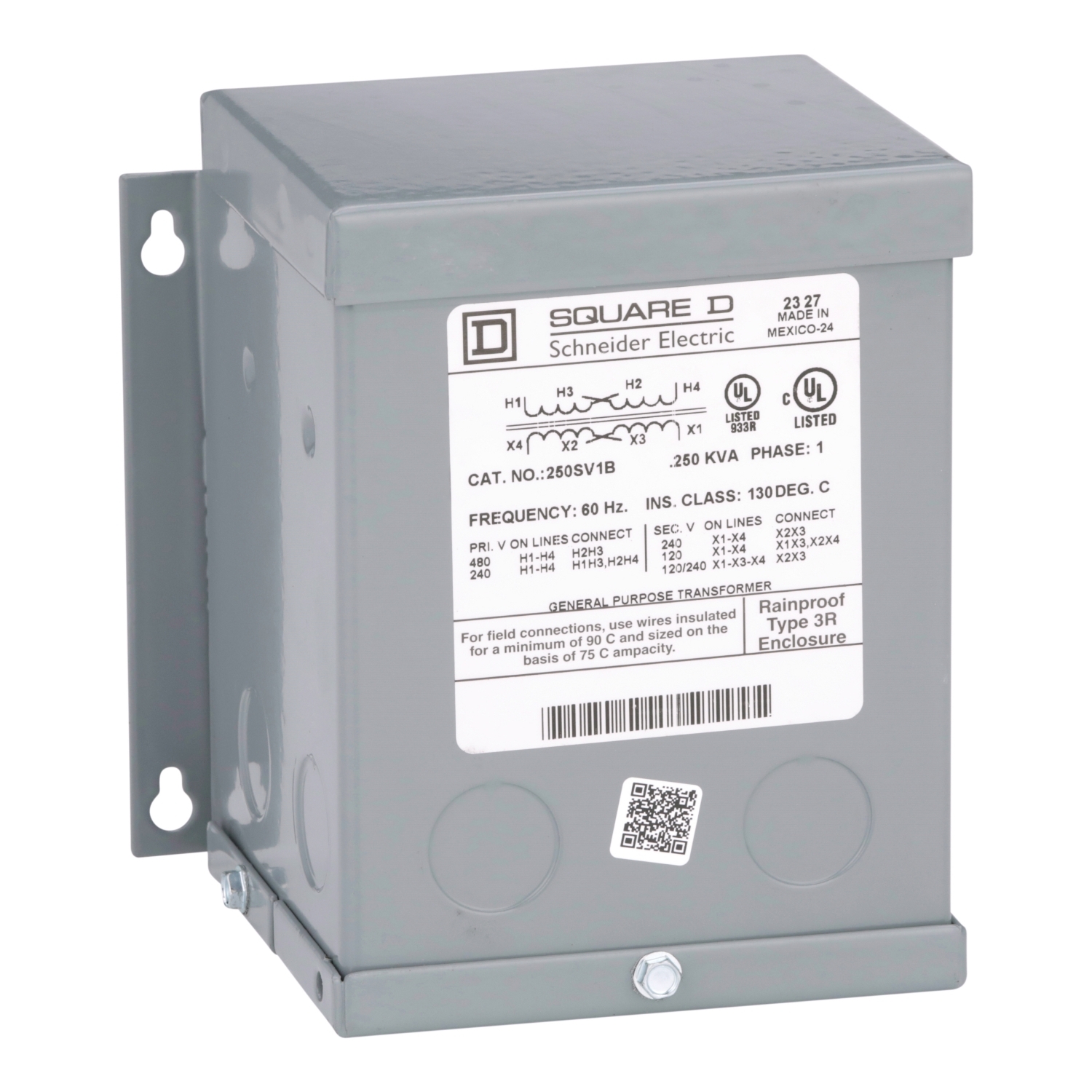 Transformer, dry type, encapsulated, 0.25kVA, 1 phase, 240x480V primary, 120/240V secondary, 4A, 55C rise [TAA]