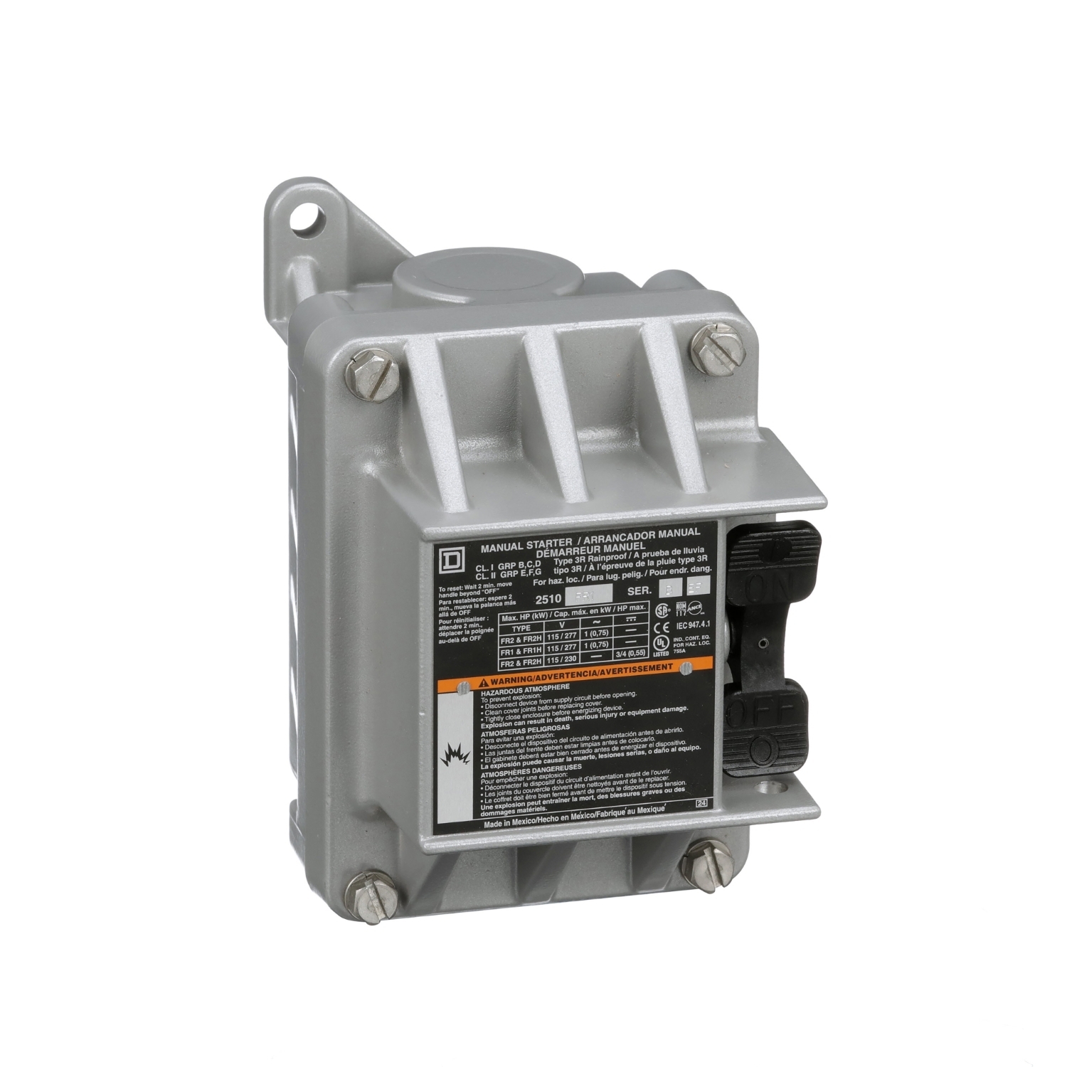 Manual Starter, fractional horsepower, 16A, 2 poles, 1 HP at 277 VAC, no indicator, NEMA 7&9, 1 conduit opening